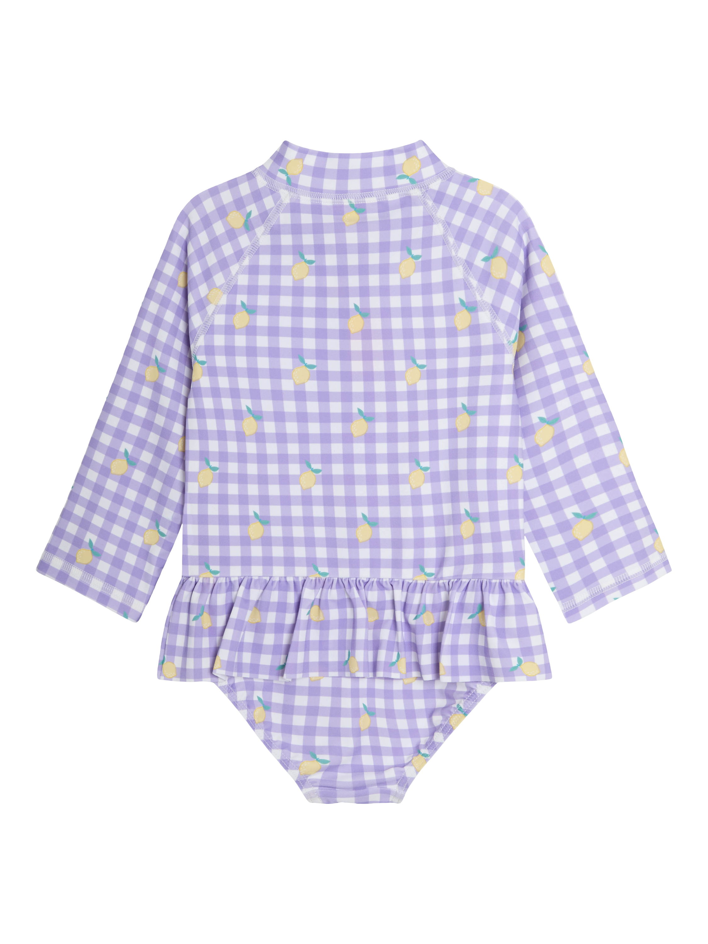 Product image 3 of 3, which shows JoJo Maman Bébé Lemon Long Sleeve Swimsuit, Purple Gingham/Multi, 6-12 months