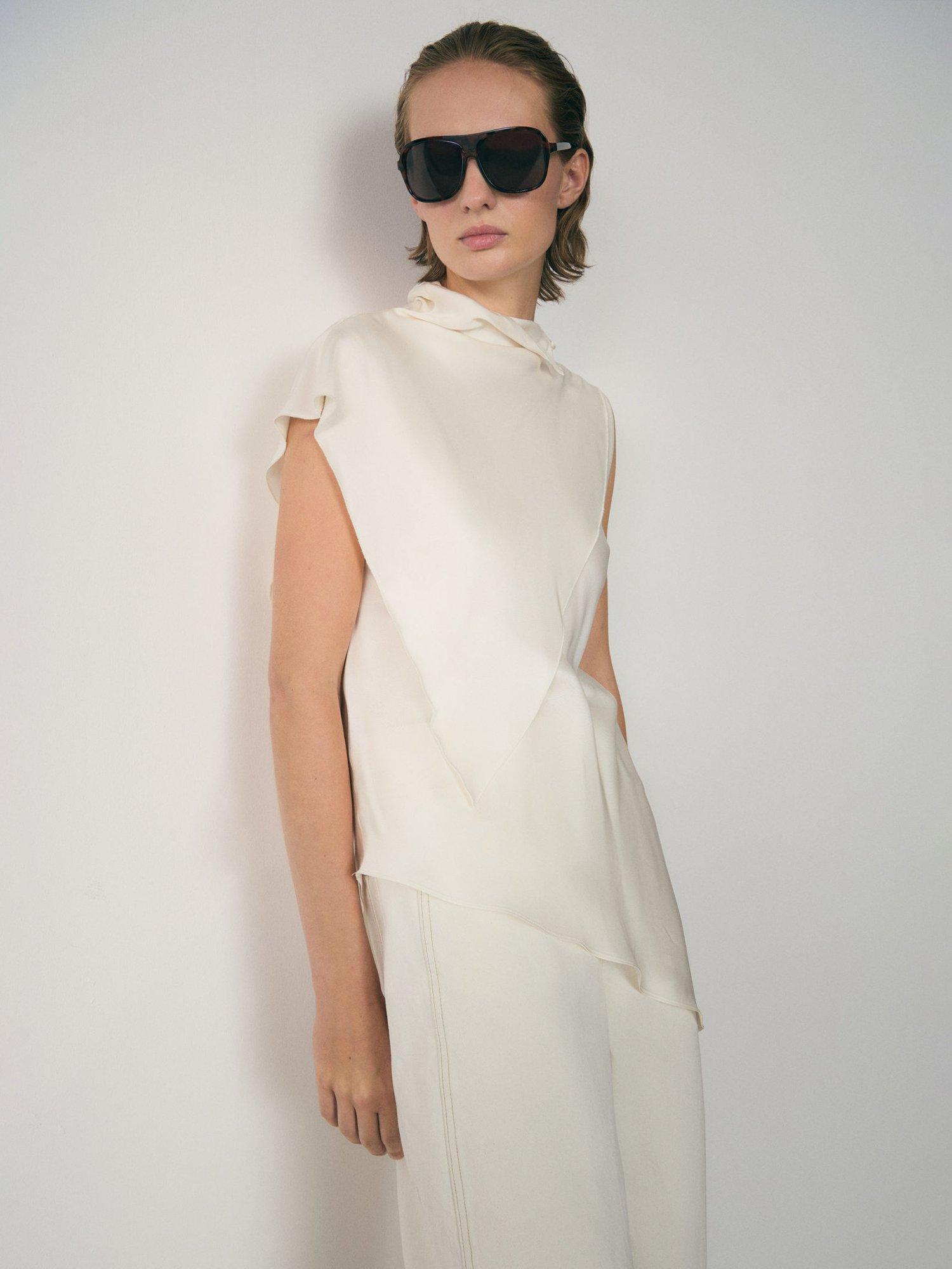Mango Bear Asymmetric Satin Top, Natural White