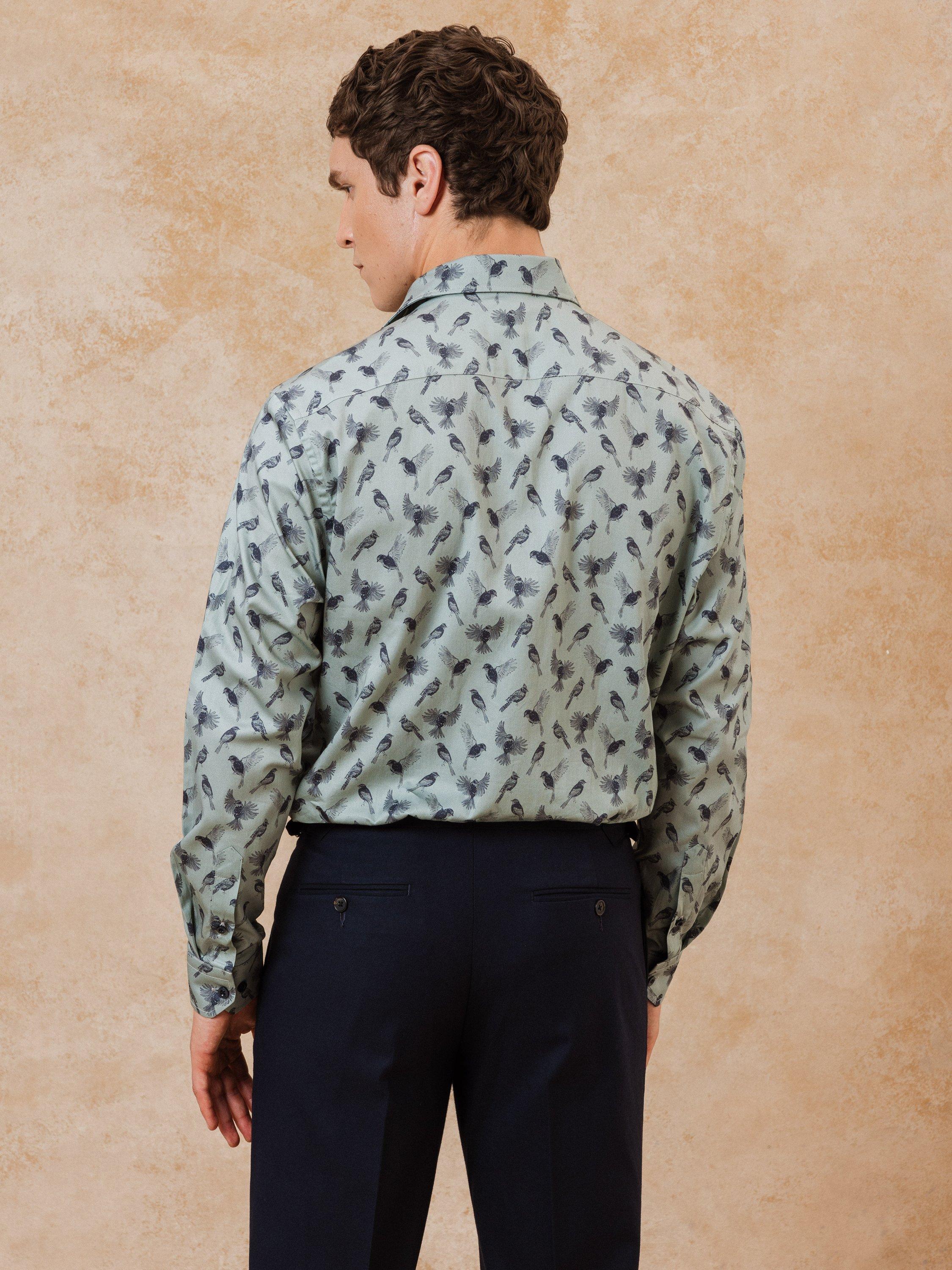 Product image 2 of 3, which shows Blake Mill Cutaway Collar Flight Of Fancy Print Tailored Fit Shirt, Teal, S