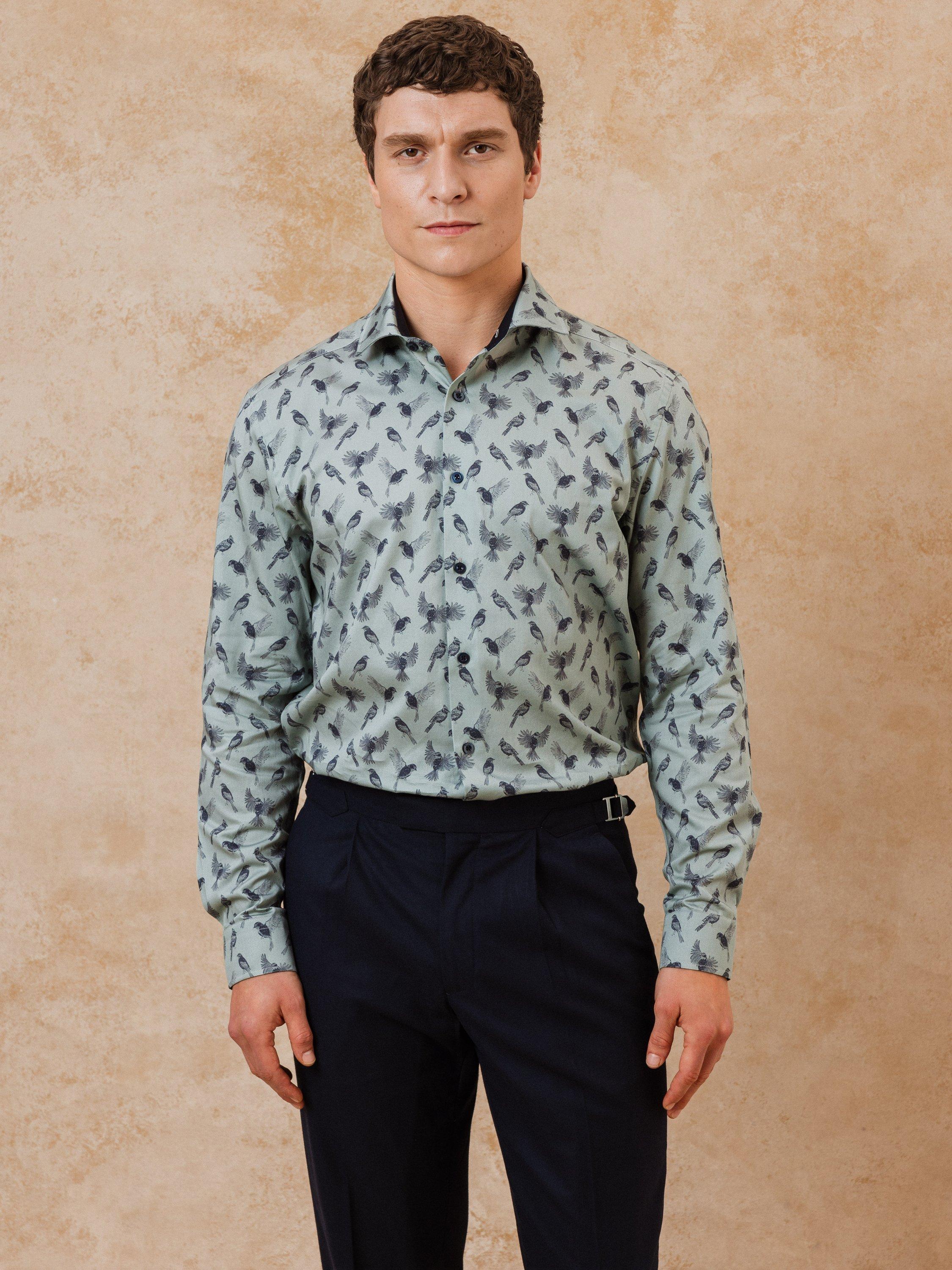 Product image 3 of 3, which shows Blake Mill Cutaway Collar Flight Of Fancy Print Tailored Fit Shirt, Teal, S