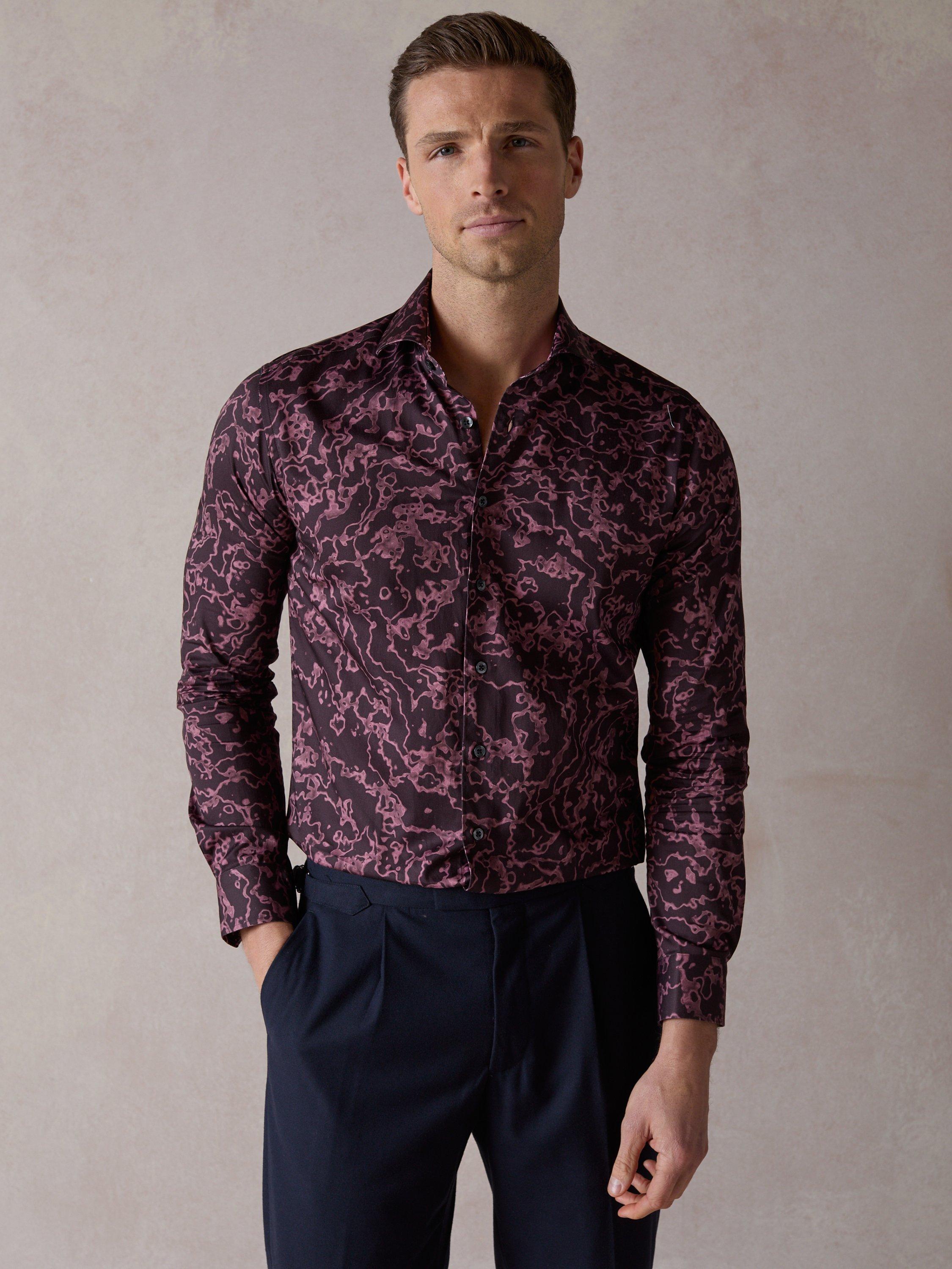 Product image 1 of 6, which shows Blake Mill Cutaway Collar Delta Print Regular Fit Shirt, Burgundy, S