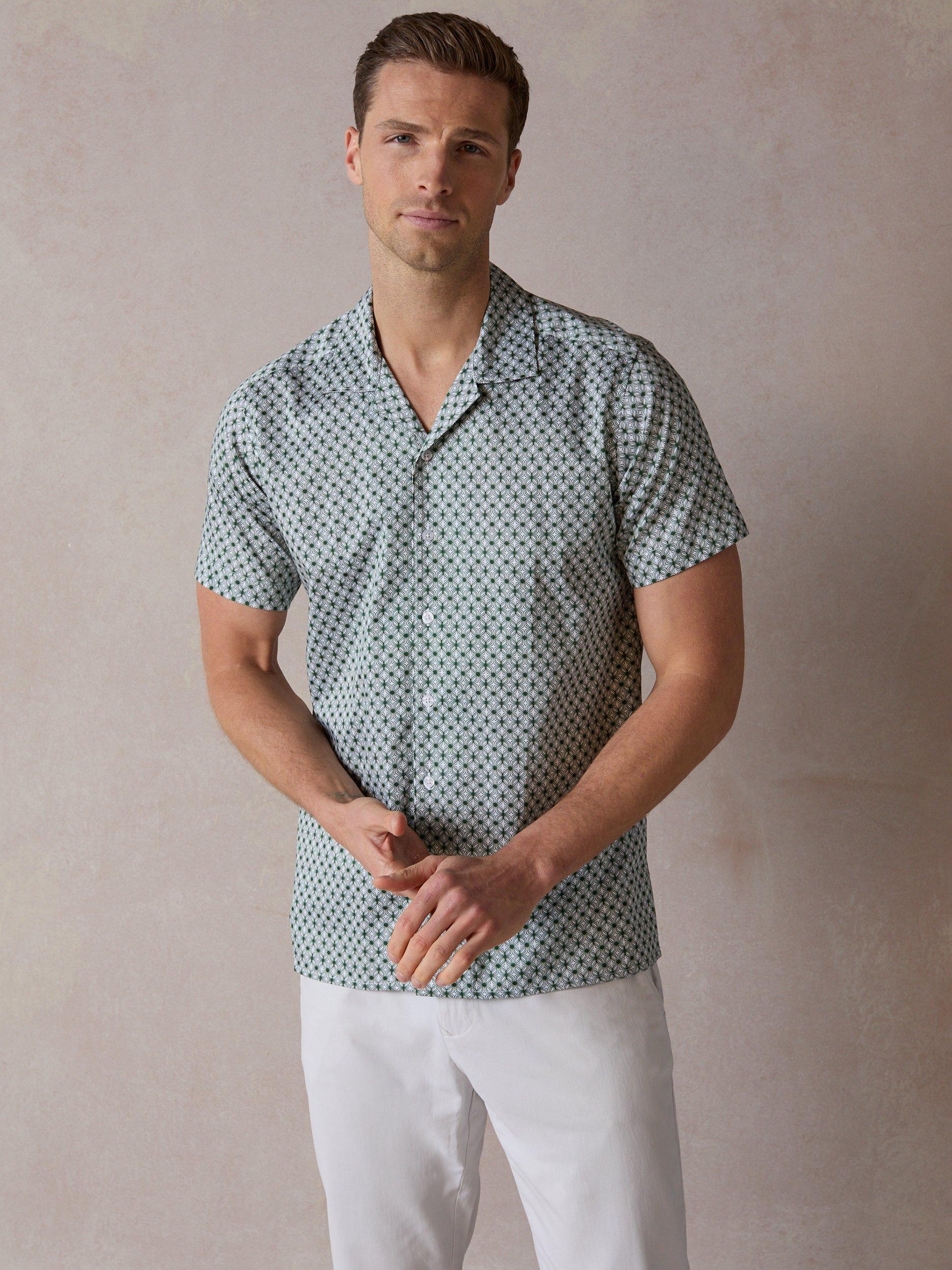 Product image 1 of 7, which shows Blake Mill Wavy Geo Open Collar Short Sleeve Shirt, Green, S