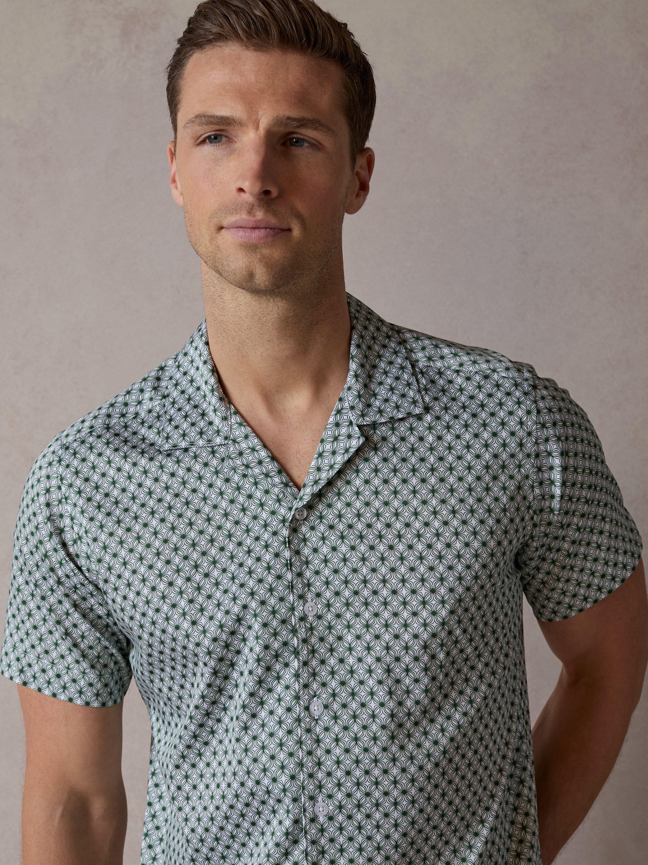 Product image 4 of 7, which shows Blake Mill Wavy Geo Open Collar Short Sleeve Shirt, Green, S