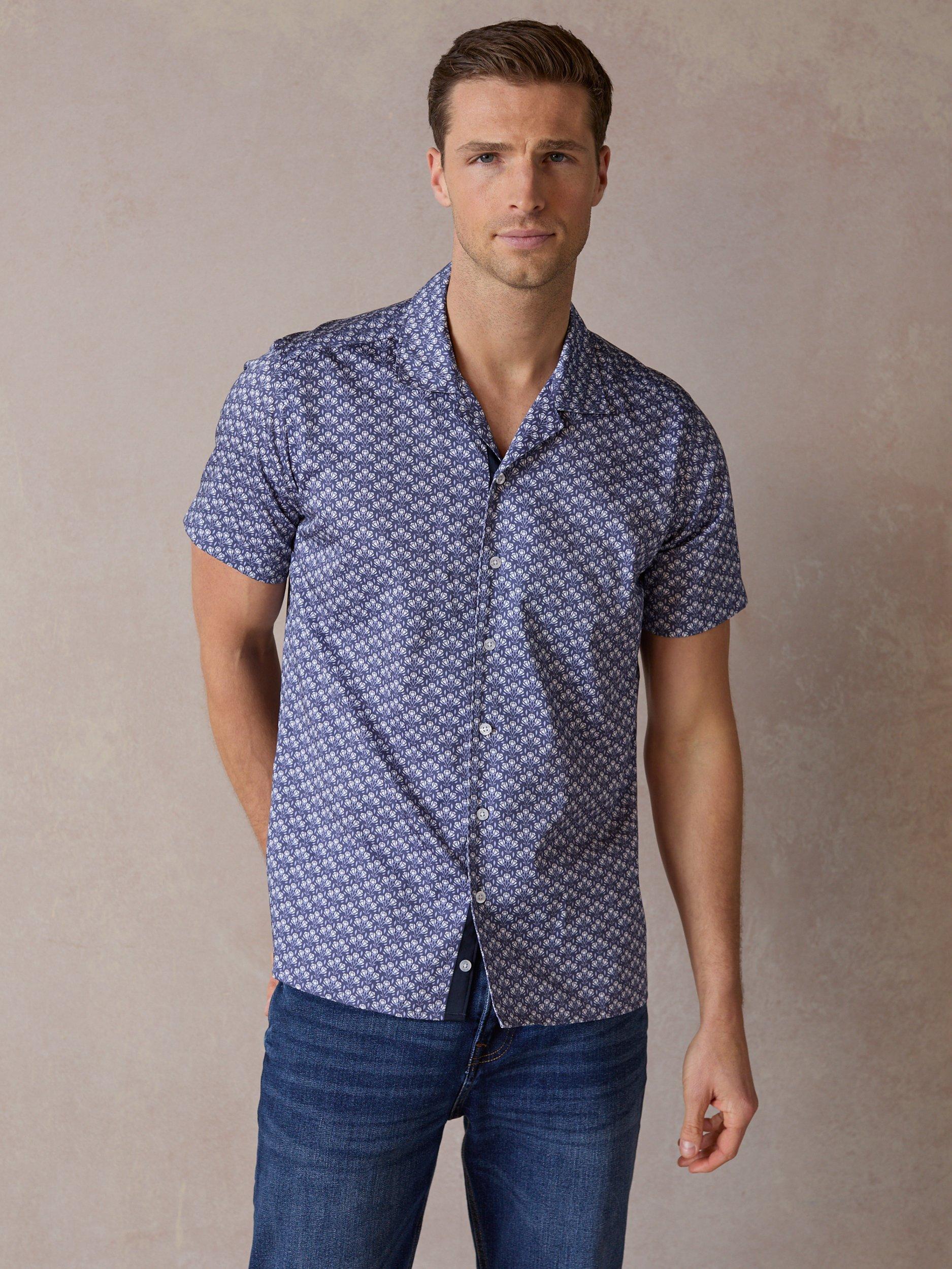 Product image 1 of 4, which shows Blake Mill Botanic Geo Print Open Collar Short Sleeve Shirt, Navy, S