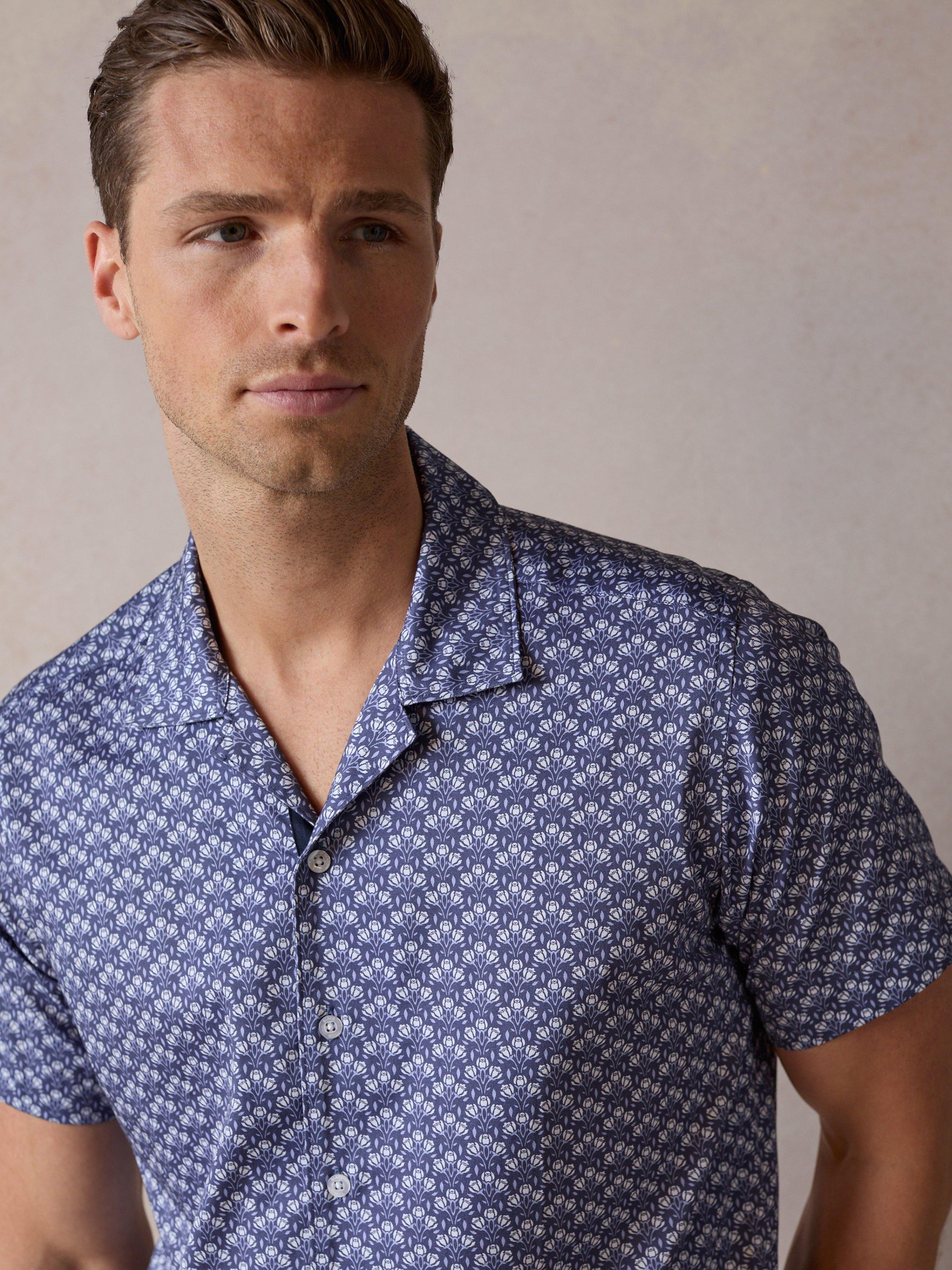 Product image 4 of 4, which shows Blake Mill Botanic Geo Print Open Collar Short Sleeve Shirt, Navy, S