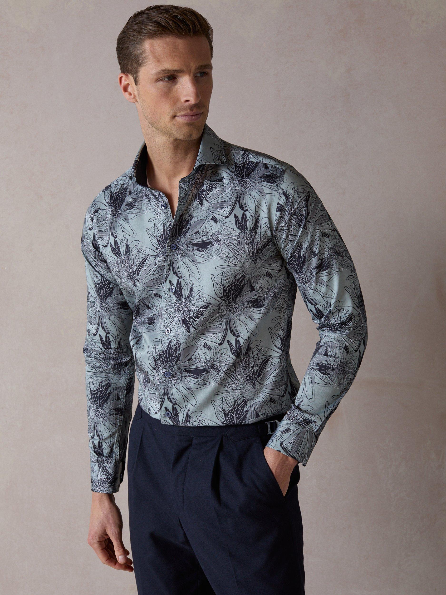 Product image 1 of 5, which shows Blake Mill Cutaway Collar Tropical Flora Print Regular Fit Shirt, Teal, S