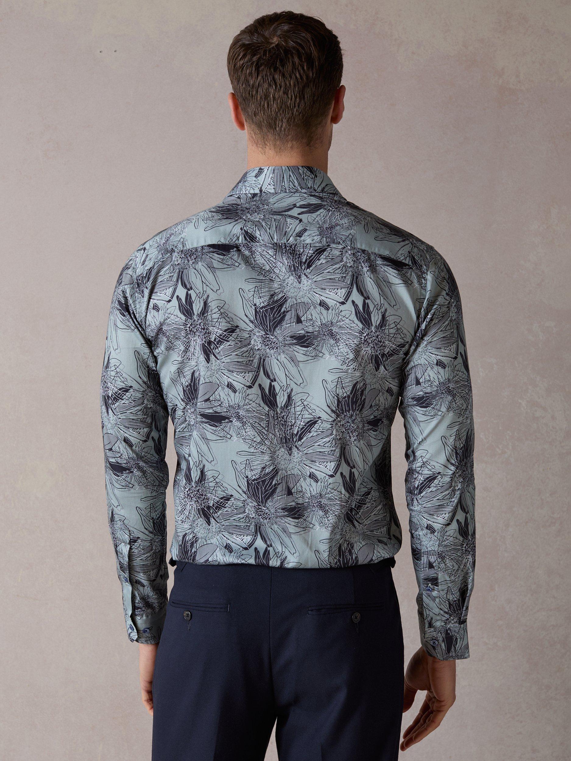Product image 2 of 5, which shows Blake Mill Cutaway Collar Tropical Flora Print Regular Fit Shirt, Teal, S