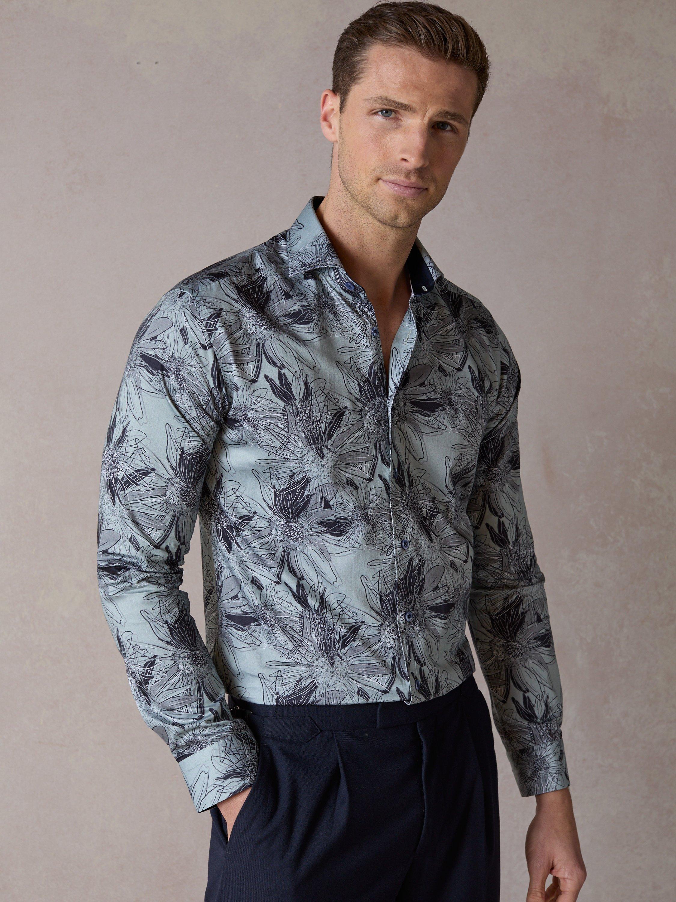 Product image 4 of 5, which shows Blake Mill Cutaway Collar Tropical Flora Print Regular Fit Shirt, Teal, S