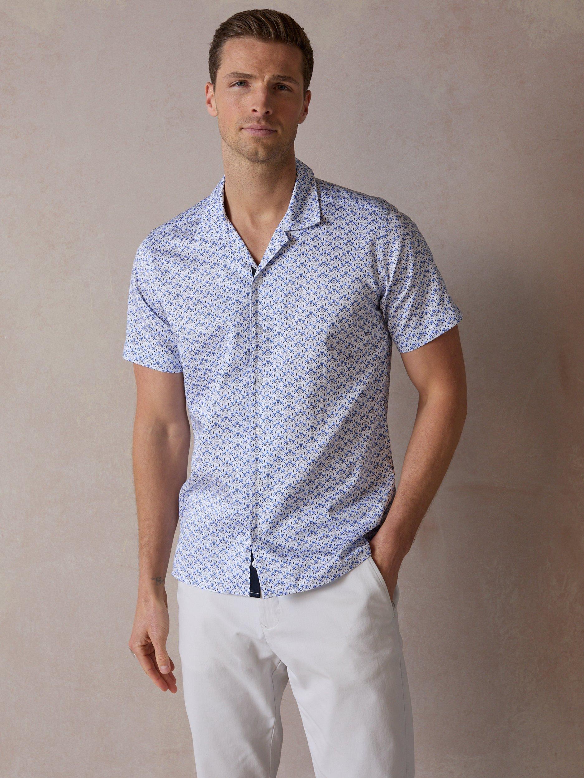 Product image 1 of 4, which shows Blake Mill Botanic Geo Print Open Collar Short Sleeve Shirt, Blue, S