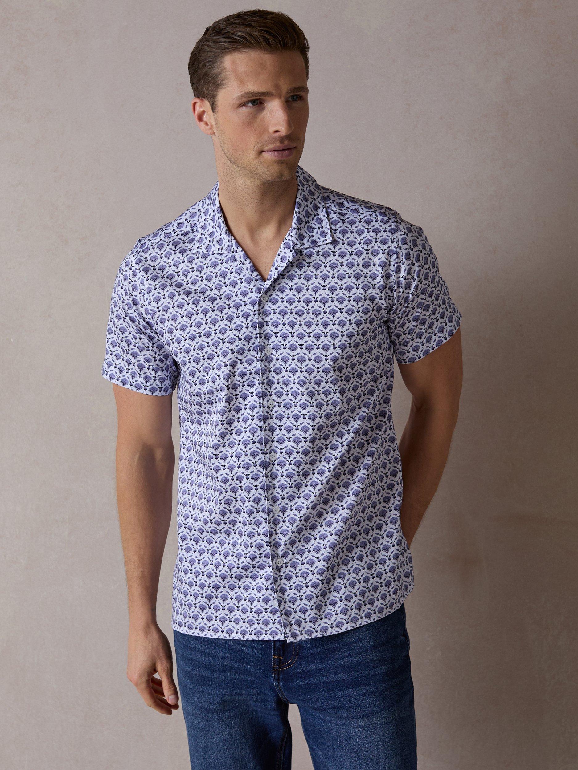 Product image 1 of 6, which shows Blake Mill Open Collar Geo Flora Print Regular Fit Shirt, Blue, S