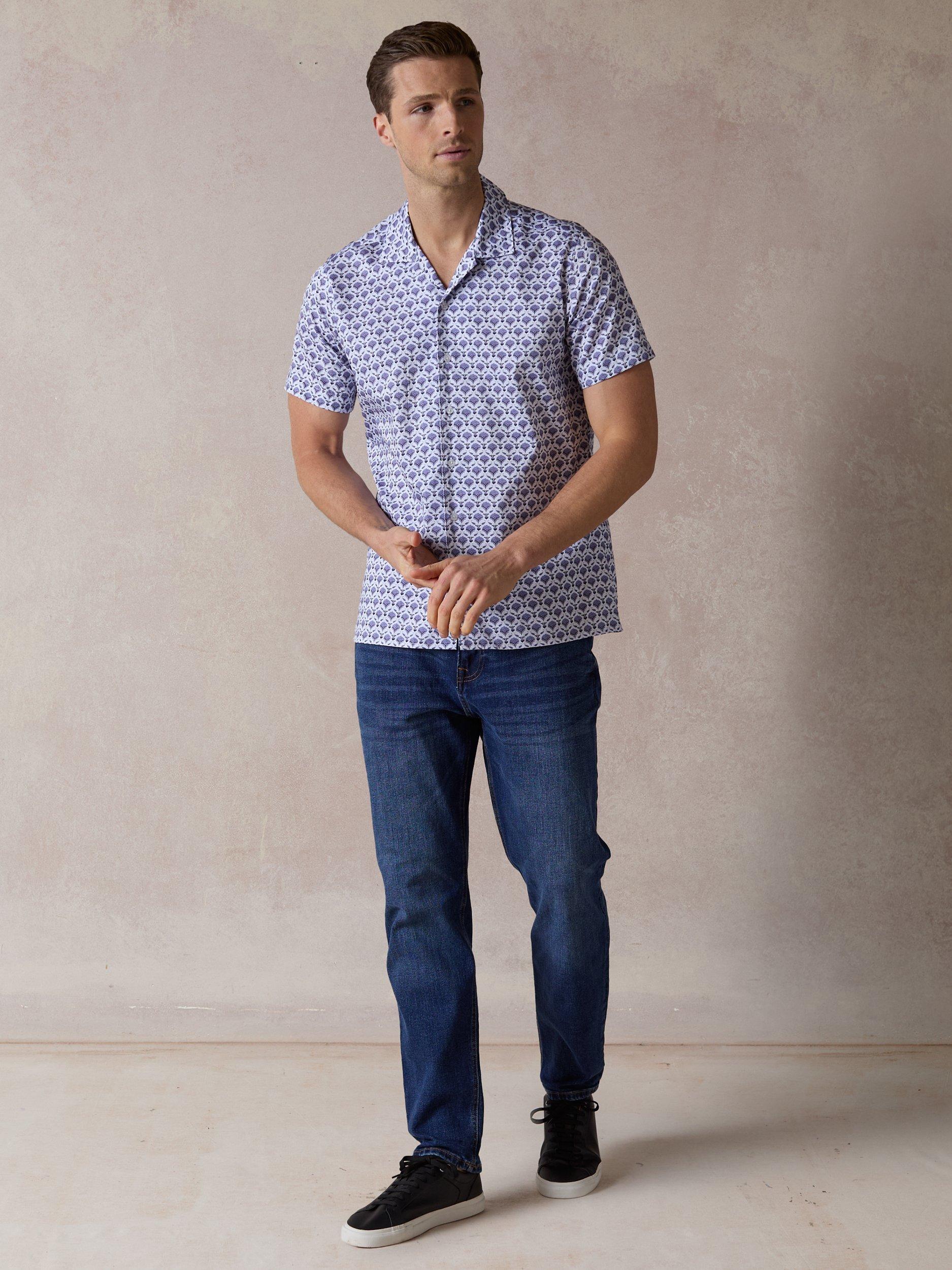 Product image 3 of 6, which shows Blake Mill Open Collar Geo Flora Print Regular Fit Shirt, Blue, S