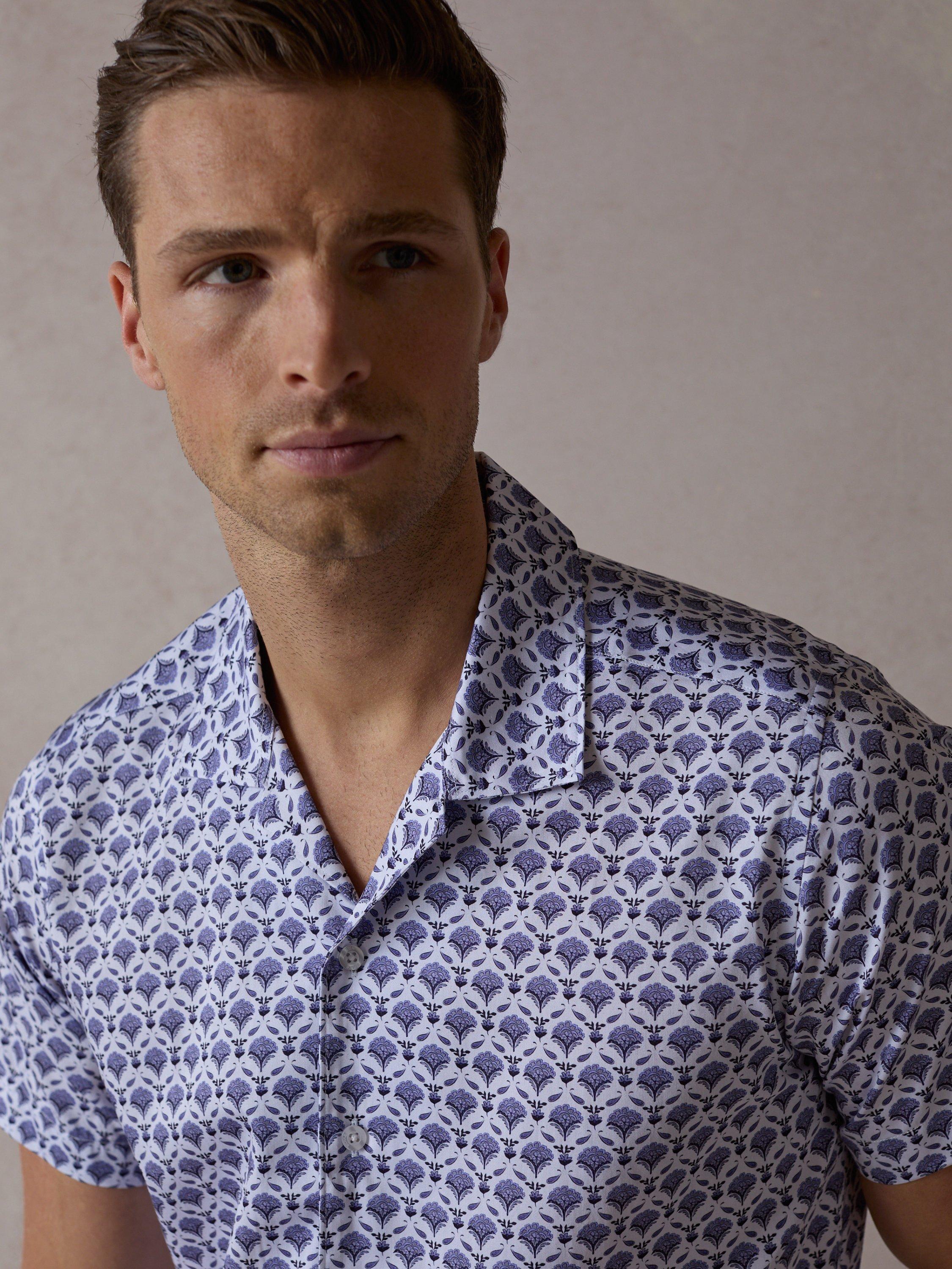 Product image 6 of 6, which shows Blake Mill Open Collar Geo Flora Print Regular Fit Shirt, Blue, S