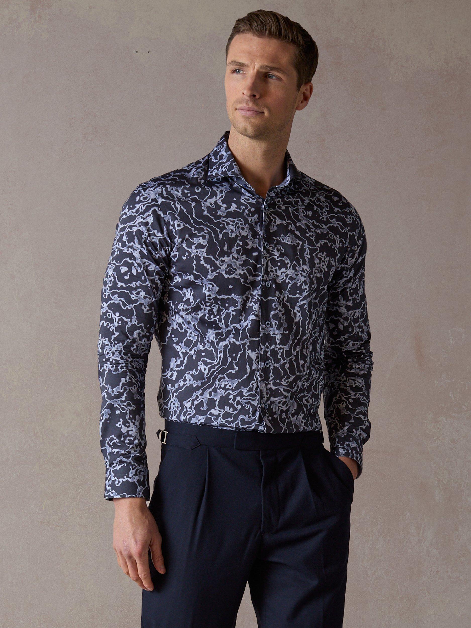 Product image 1 of 6, which shows Blake Mill Cutaway Collar Delta Print Regular Fit Shirt, Blue, S