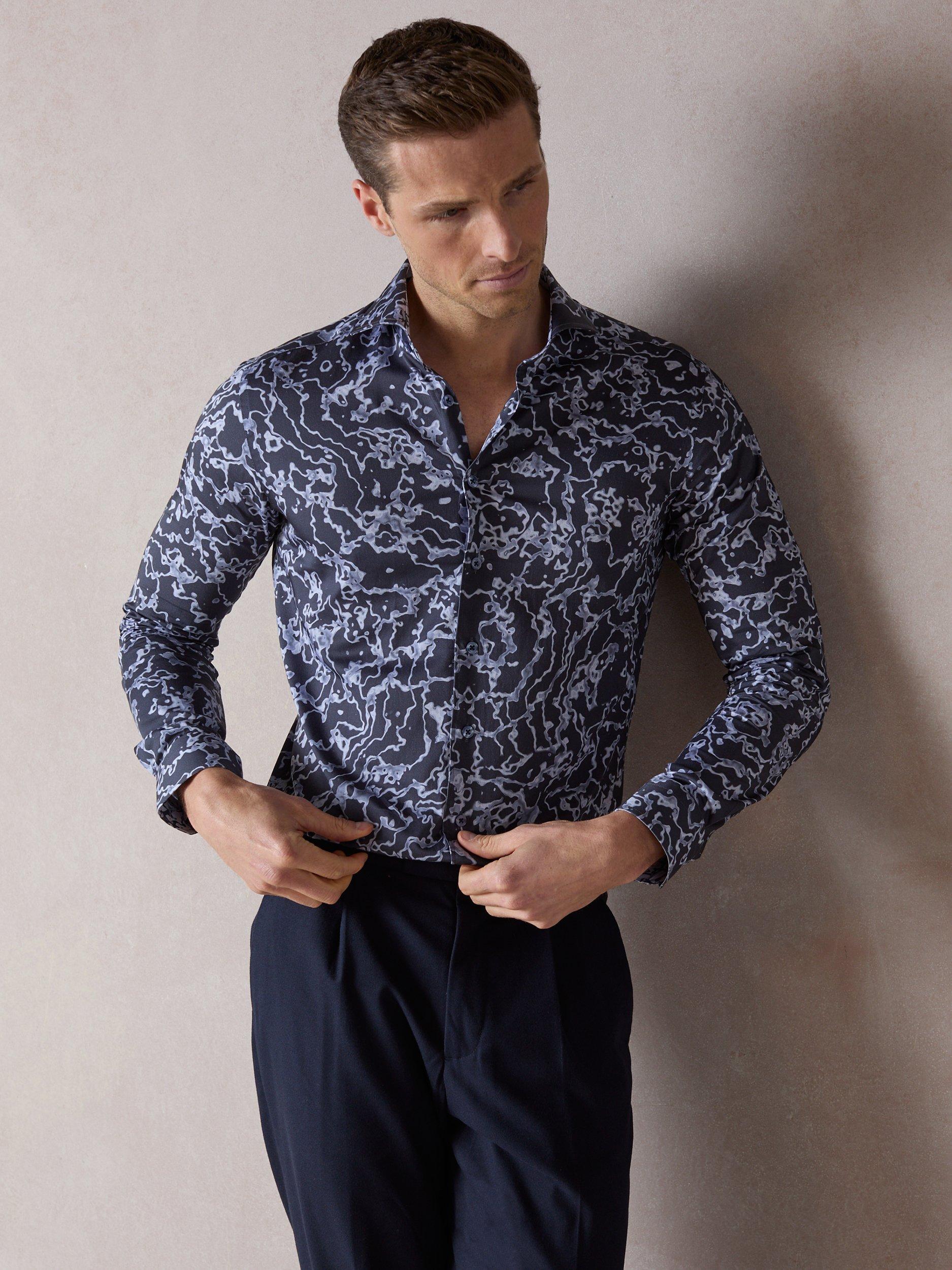 Product image 3 of 6, which shows Blake Mill Cutaway Collar Delta Print Regular Fit Shirt, Blue, S