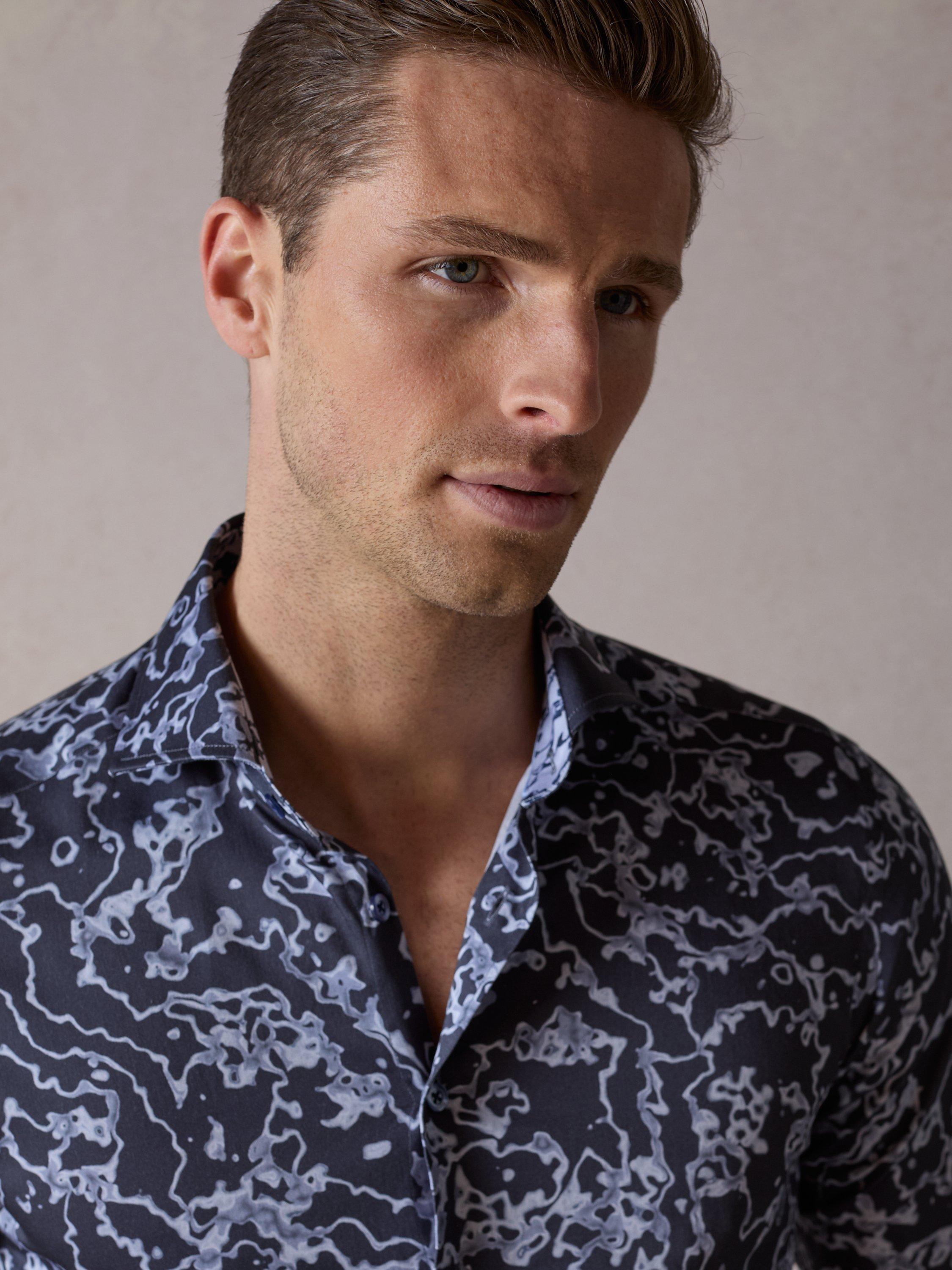 Product image 6 of 6, which shows Blake Mill Cutaway Collar Delta Print Regular Fit Shirt, Blue, S