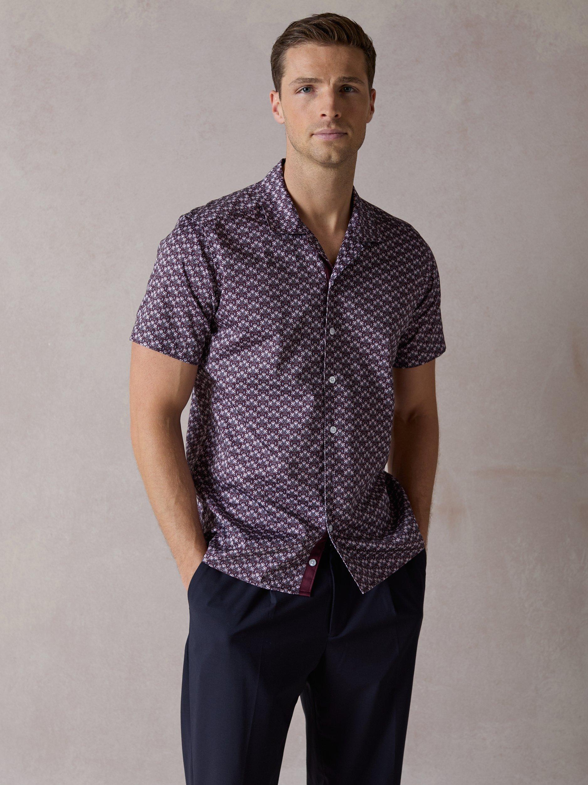 Product image 1 of 8, which shows Blake Mill Botanic Geo Print Open Collar Short Sleeve Shirt, Burgundy, S