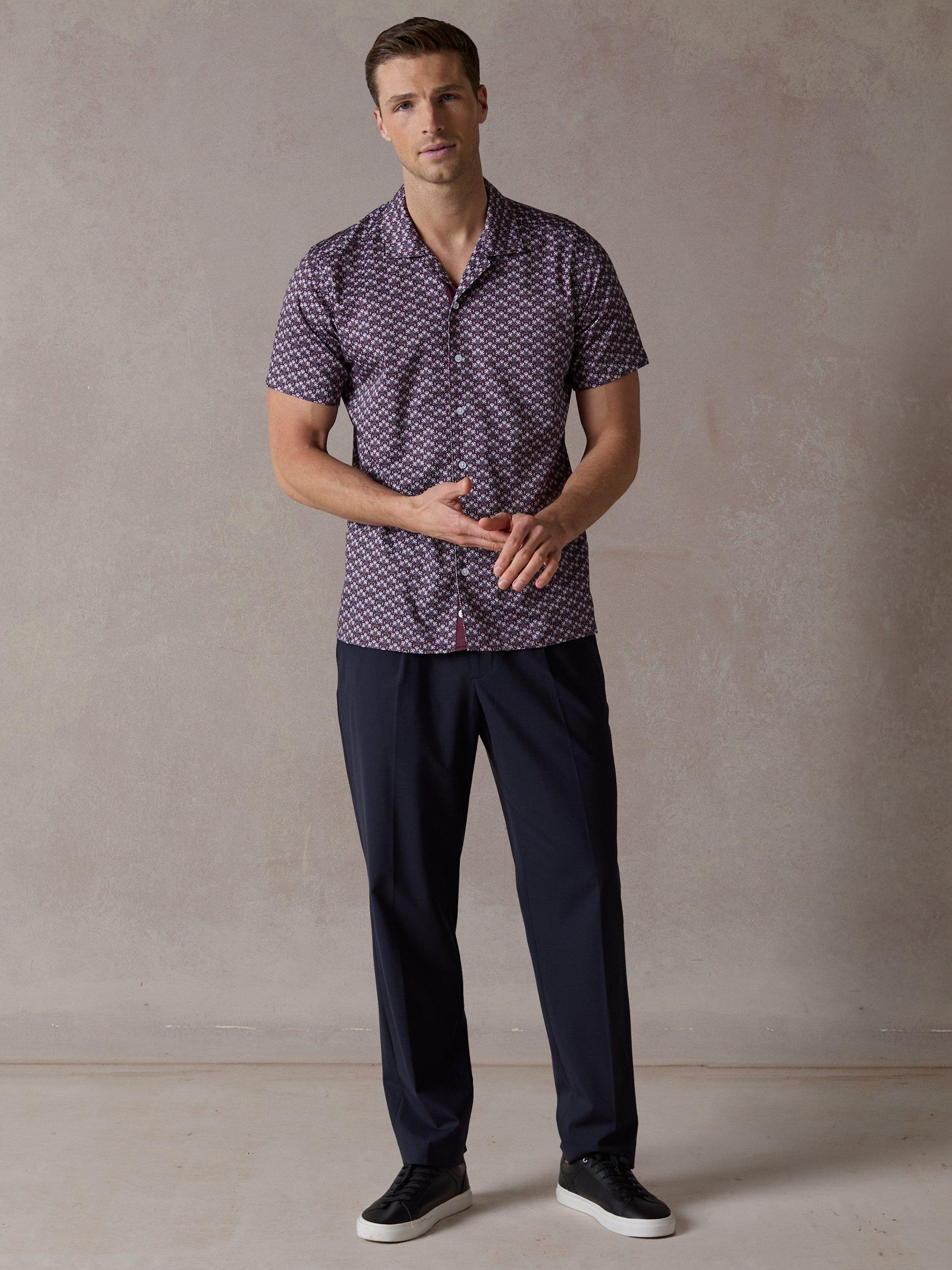 Product image 3 of 8, which shows Blake Mill Botanic Geo Print Open Collar Short Sleeve Shirt, Burgundy, S