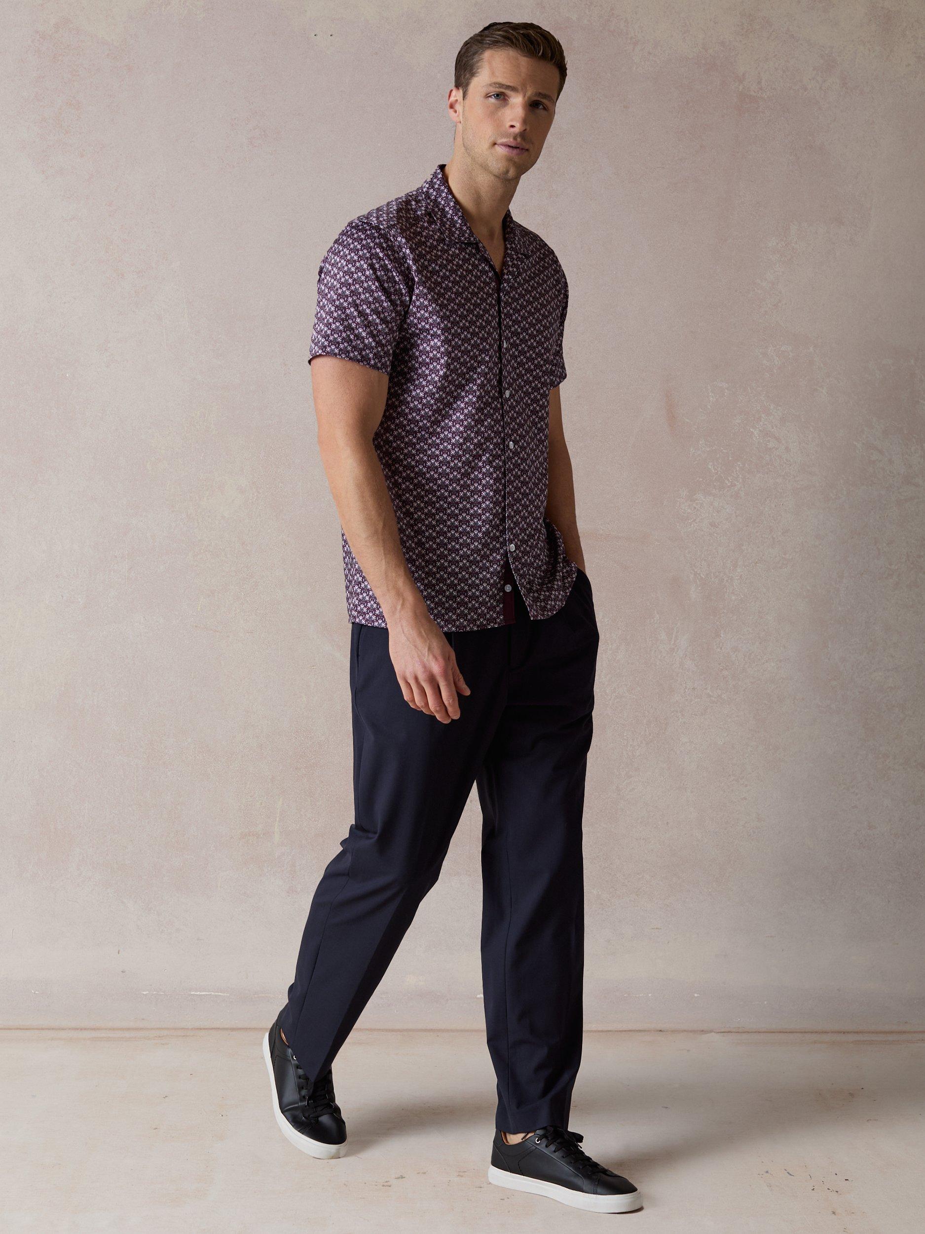 Product image 4 of 8, which shows Blake Mill Botanic Geo Print Open Collar Short Sleeve Shirt, Burgundy, S