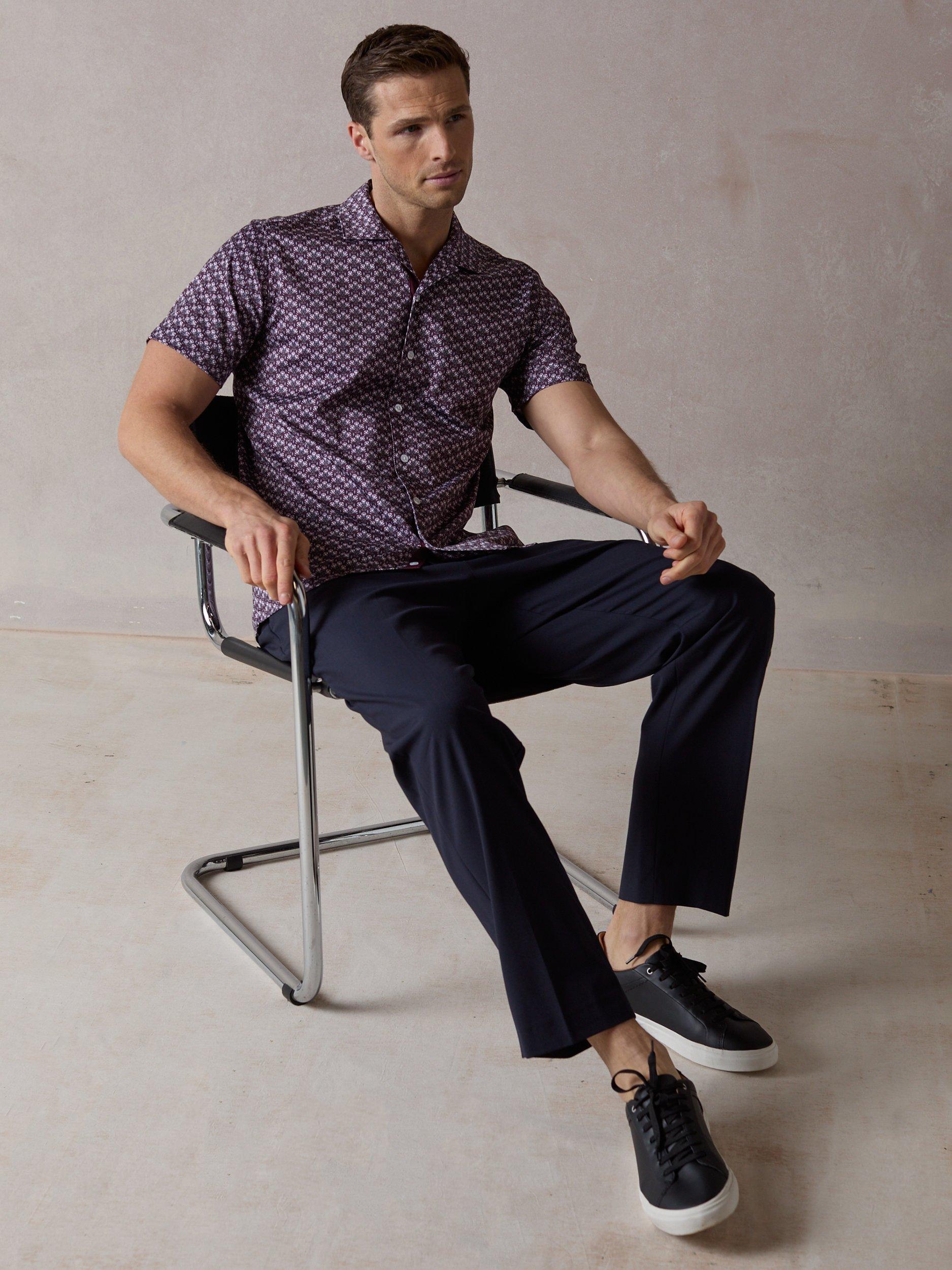 Product image 6 of 8, which shows Blake Mill Botanic Geo Print Open Collar Short Sleeve Shirt, Burgundy, S