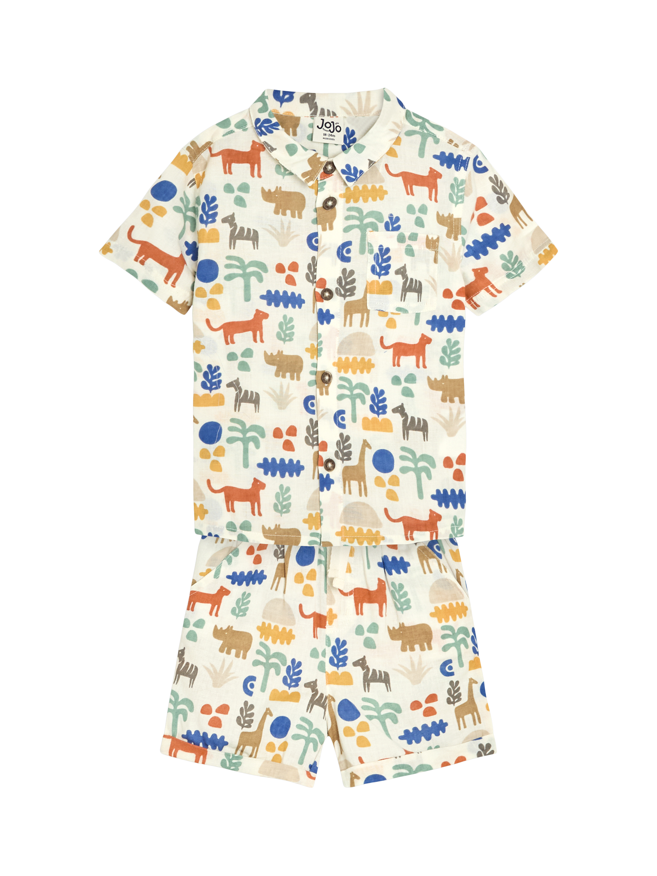 Product image 1 of 5, which shows JoJo Maman Bébé Baby Cotton Safari Print Shirt & Shorts Set, Ecru, 0-3 months