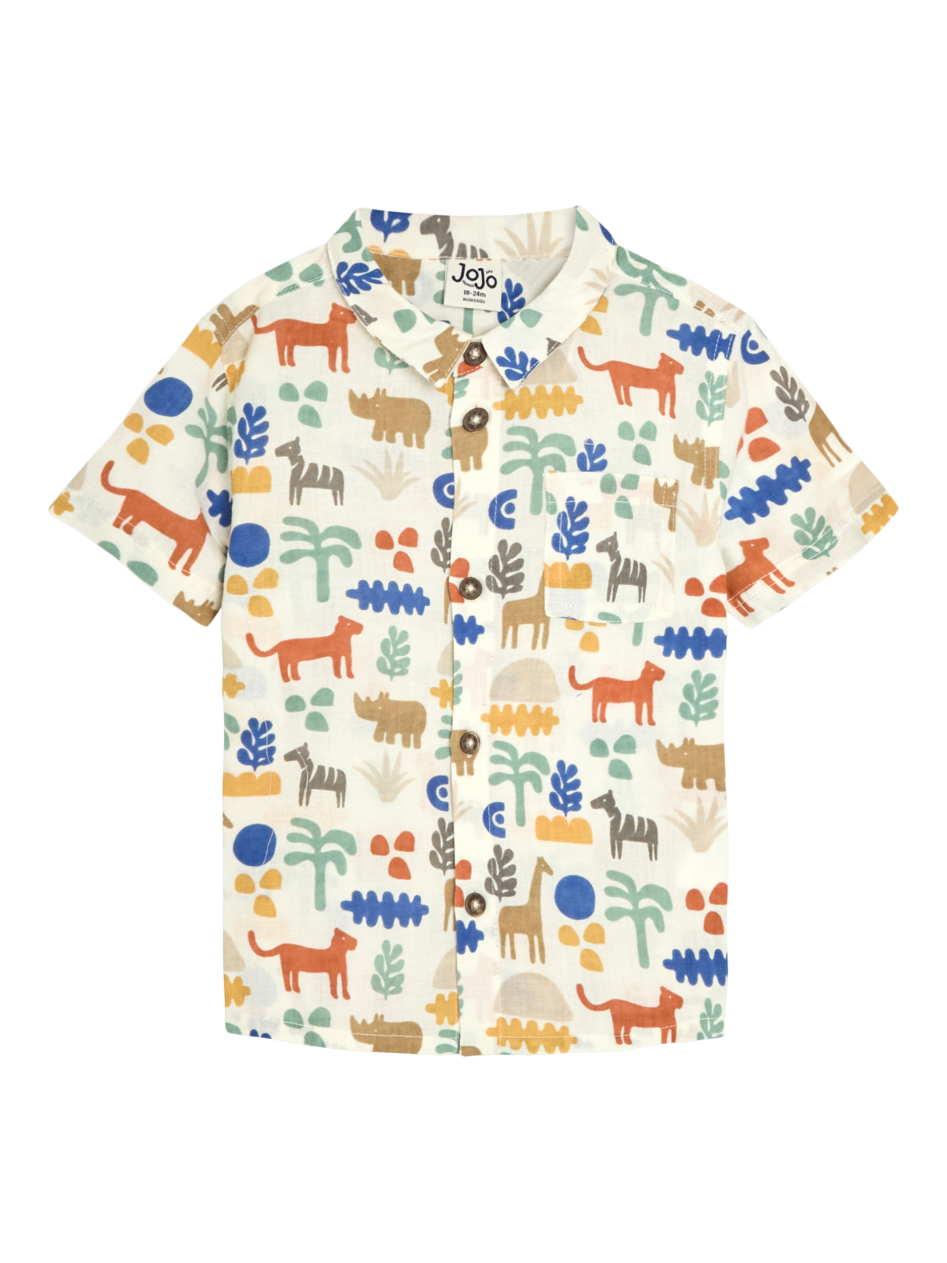Product image 2 of 5, which shows JoJo Maman Bébé Baby Cotton Safari Print Shirt & Shorts Set, Ecru, 0-3 months