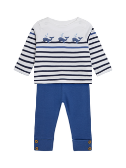 JoJo Maman Bébé Baby 2-Piece Whale Embroidered Top & Rib Leggings Set, White, White