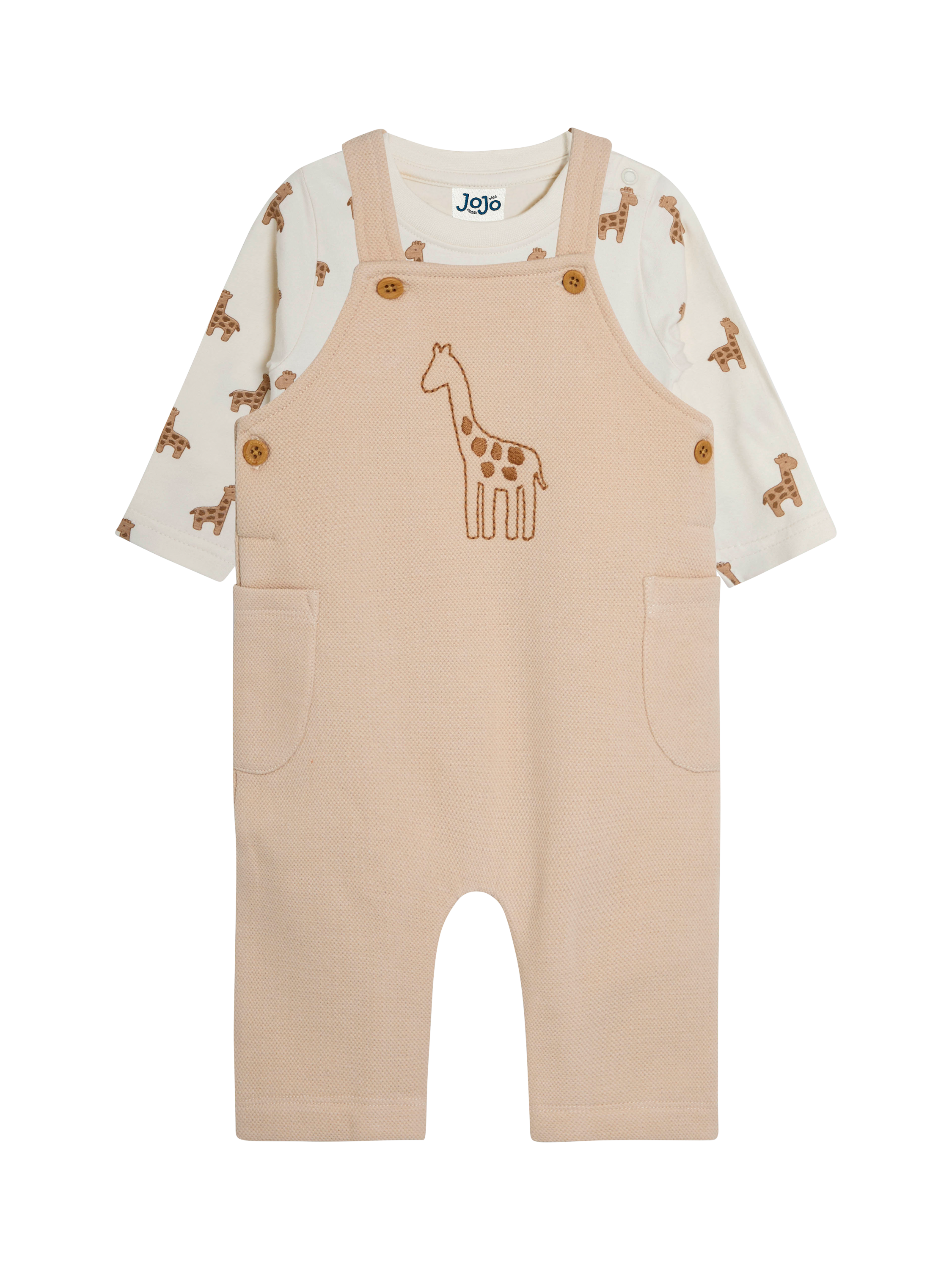 JoJo Maman Bébé Baby Giraffe Embroidered Dungarees and T-Shirt Set, Stone