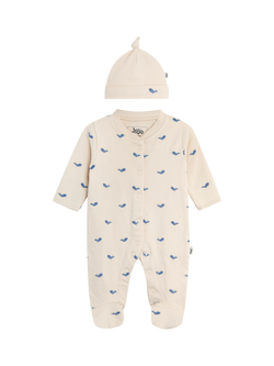 JoJo Maman Bébé Baby Cotton Embroidered Sleepsuit & Hat Set, Stone, Stone