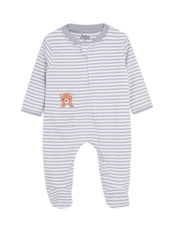 JoJo Maman Bébé Baby Bear Embroidered Footed Pocket Zip Sleepsuit, Blue, Blue