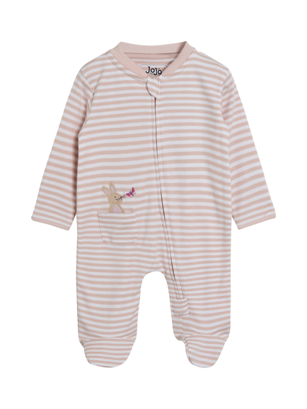 JoJo Maman Bébé Baby Organic Cotton Bunny Embroidered Sleepsuit, Pink, Pink