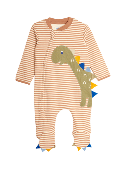 JoJo Maman Bébé Baby Cotton Stripe Dinosaur Appliqué Sleepsuit, Natural, Natural