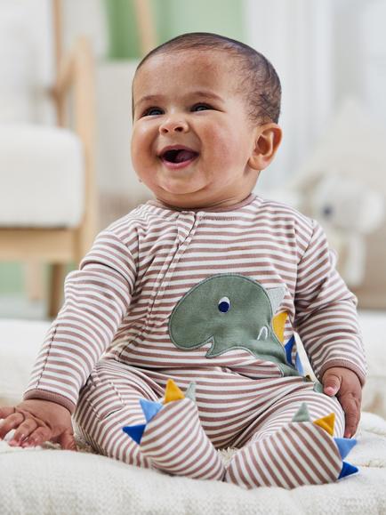 JoJo Maman Bébé Baby Cotton Stripe Dinosaur Appliqué Sleepsuit, Natural - view 2, Natural