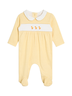 JoJo Maman Bébé Cotton Footed Smocked Duck Embroidered Sleepsuit, Yellow, Yellow