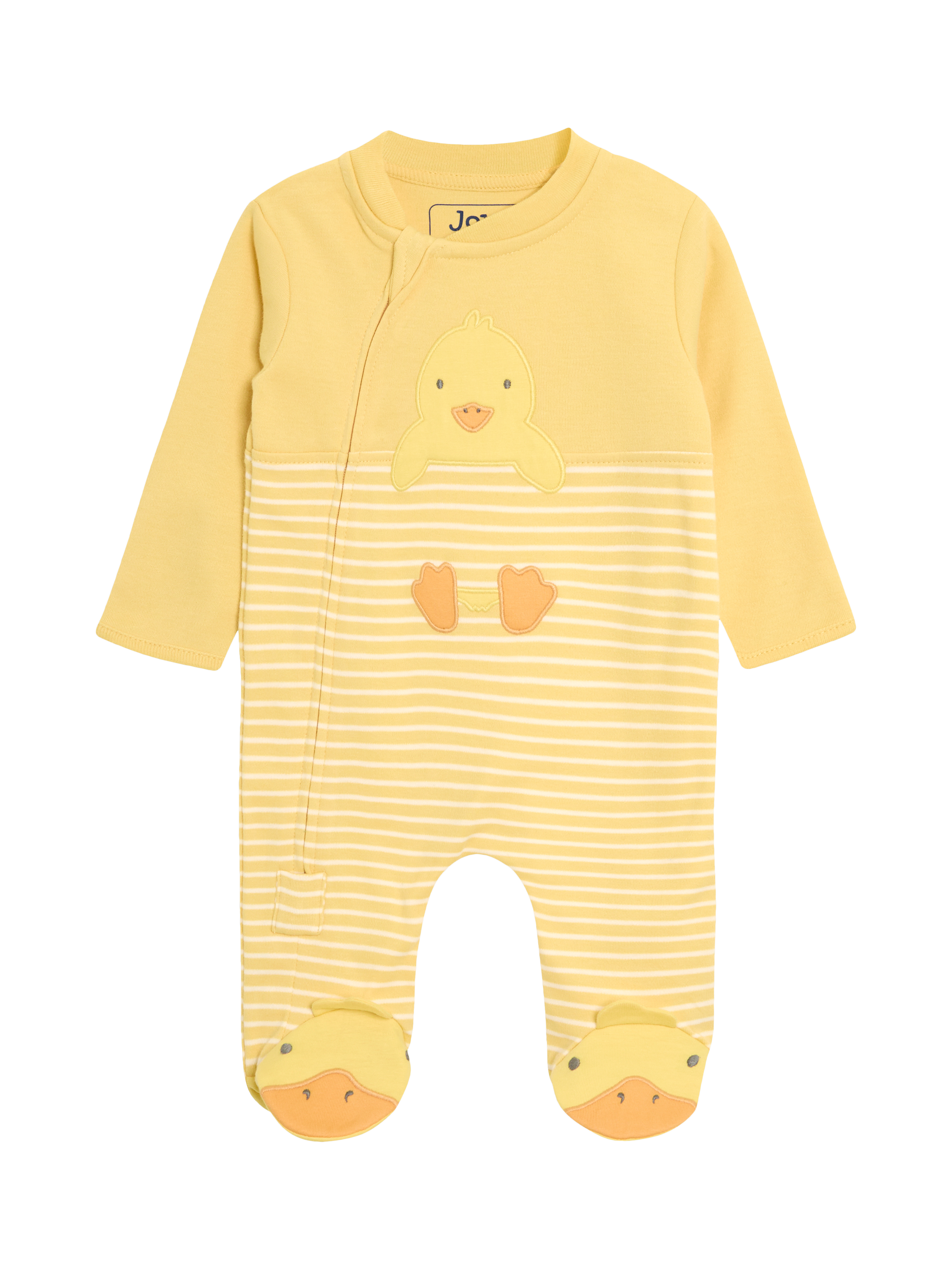 Product image 1 of 3, which shows JoJo Maman Bébé Baby Cotton Duckling Stripe Zip-Up Sleepsuit, Yellow, Newborn