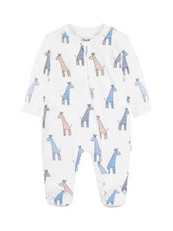 JoJo Maman Bébé Baby Cotton Footed Giraffe Print Zip Sleepsuit, Blue, Blue