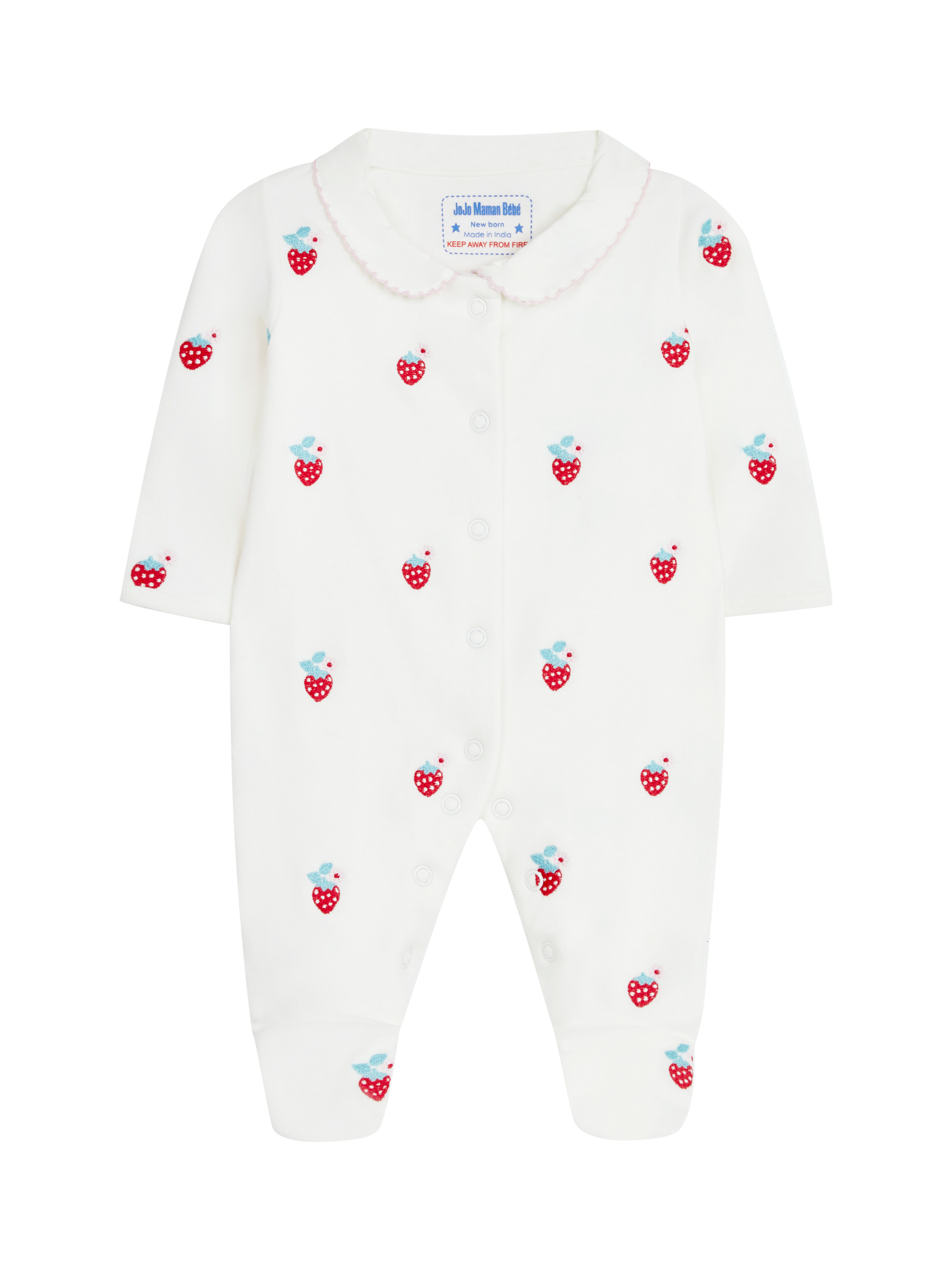 Product image 1 of 4, which shows JoJo Maman Bébé Baby Strawberry Embroidered Sleepsuit, Cream, Newborn