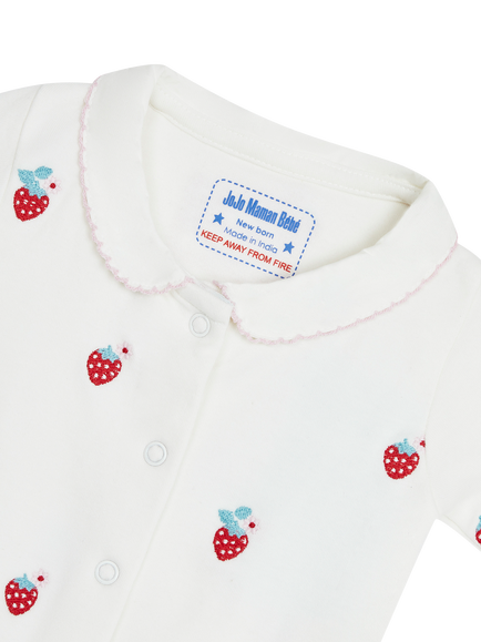 JoJo Maman Bébé Baby Strawberry Embroidered Sleepsuit, Cream - view 2, Cream