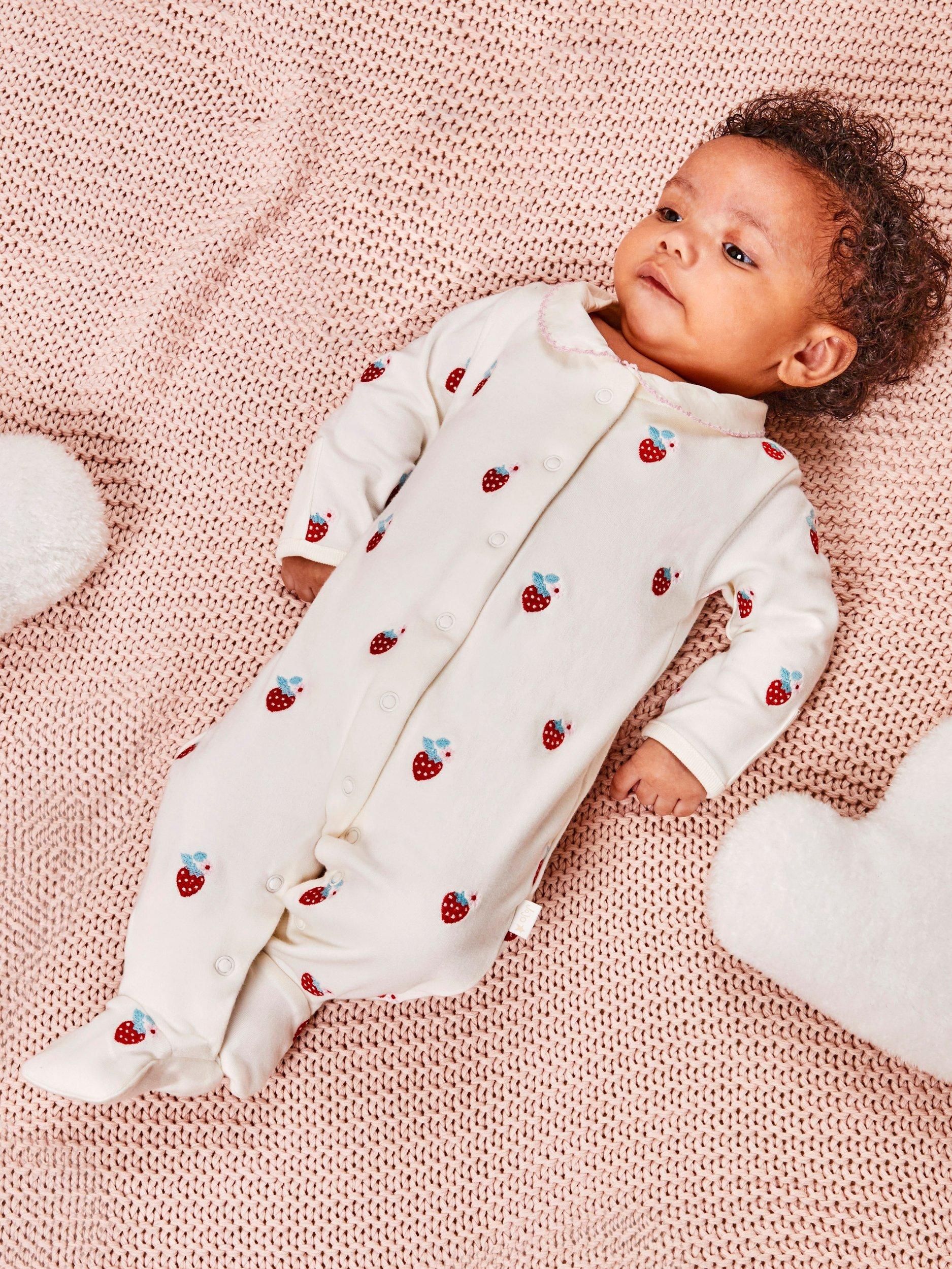 Product image 4 of 4, which shows JoJo Maman Bébé Baby Strawberry Embroidered Sleepsuit, Cream, Newborn