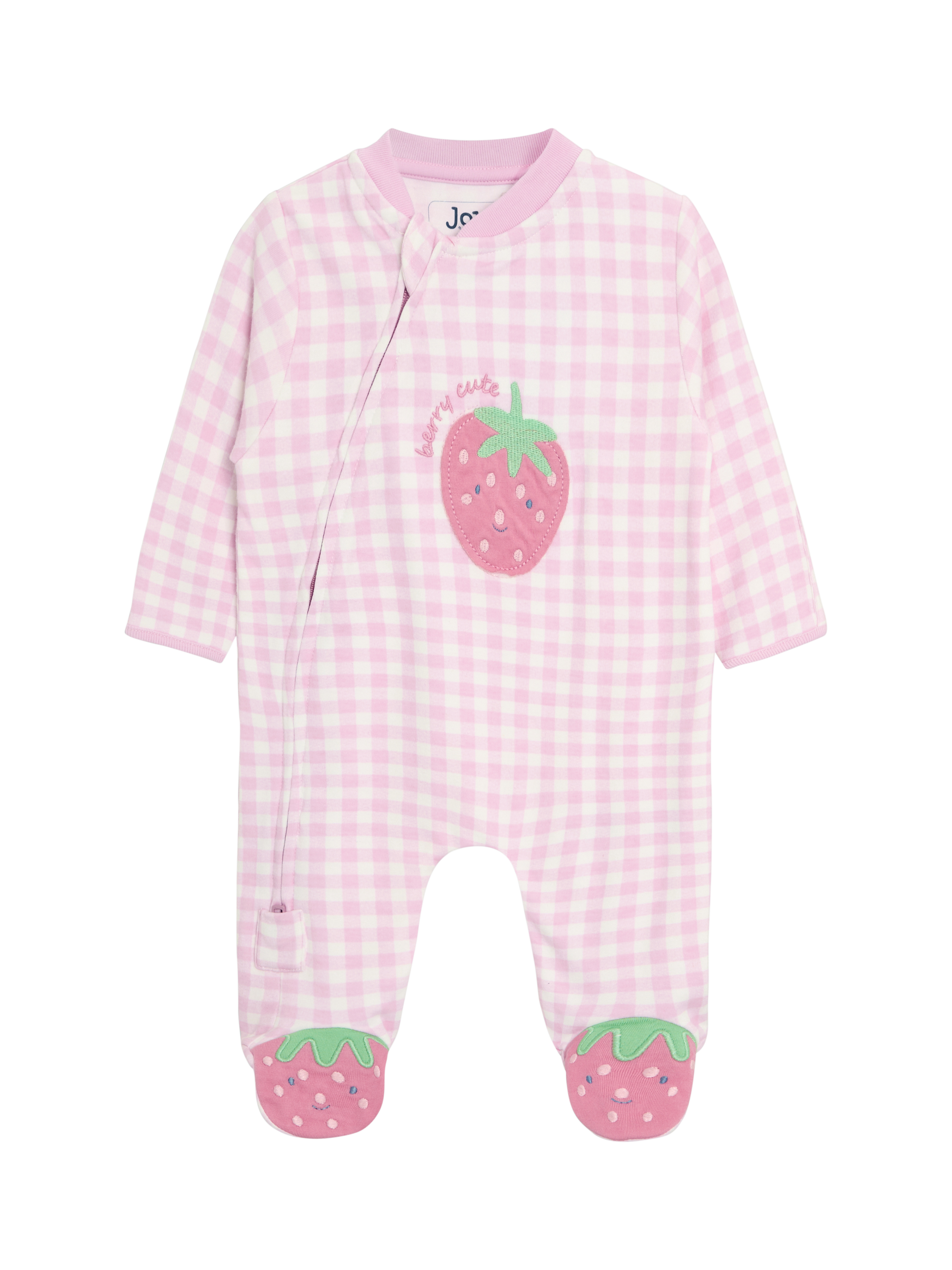 Product image 1 of 3, which shows JoJo Maman Bébé Strawberry Gingham Sleepsuit, Pink, Newborn