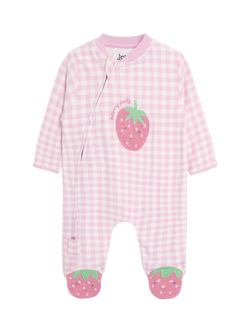 JoJo Maman Bébé Baby Strawberry Gingham Sleepsuit, Pink, Pink