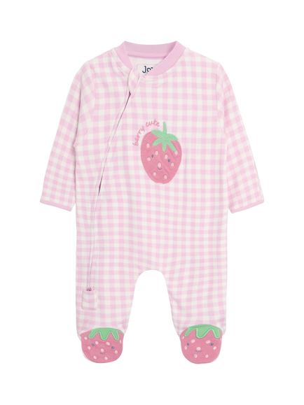 JoJo Maman Bébé Baby Strawberry Gingham Sleepsuit, Pink, Pink