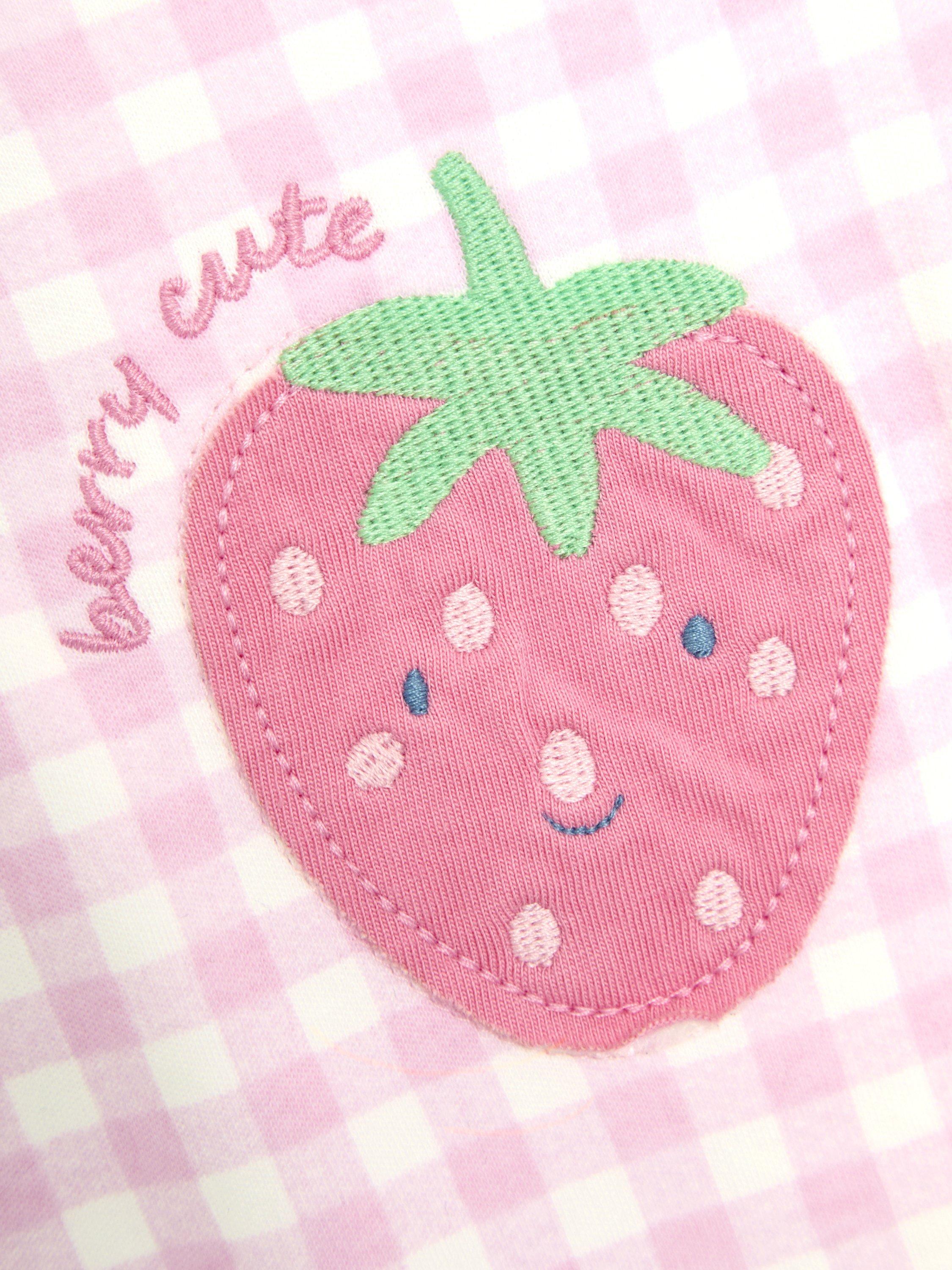 Product image 3 of 3, which shows JoJo Maman Bébé Strawberry Gingham Sleepsuit, Pink, Newborn
