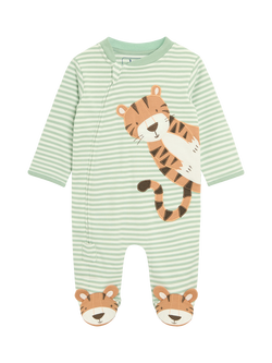 JoJo Maman Bébé Baby Cotton Tiger Stripe Zip-Up Sleepsuit, Green, Green