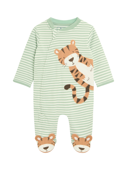 JoJo Maman Bébé Baby Cotton Tiger Stripe Zip-Up Sleepsuit, Green, Green