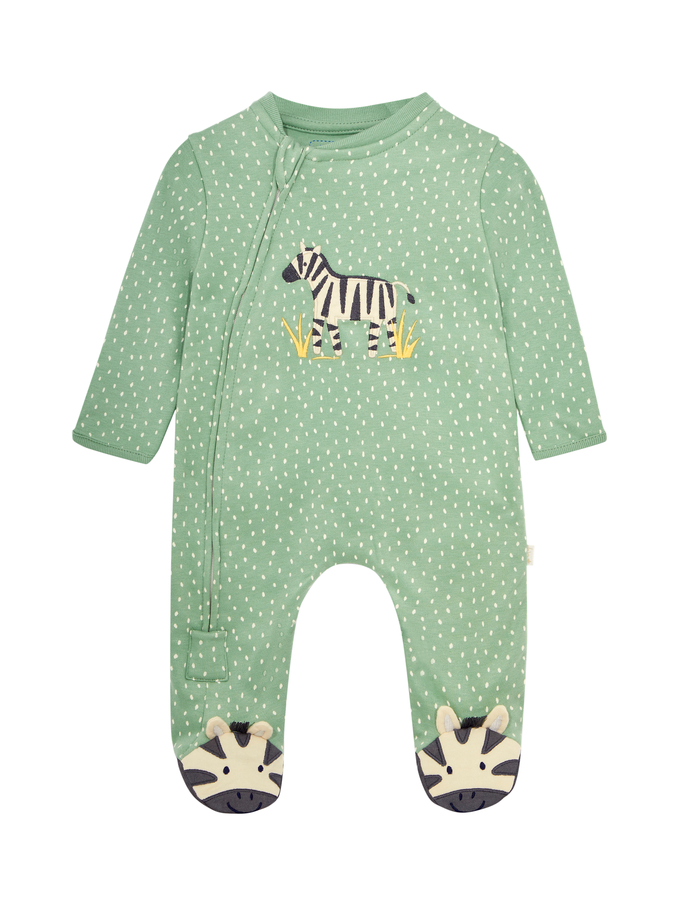 Product image 1 of 6, which shows JoJo Maman Bébé Zebra Applique Zip Sleepsuit, Green/Multi, Newborn
