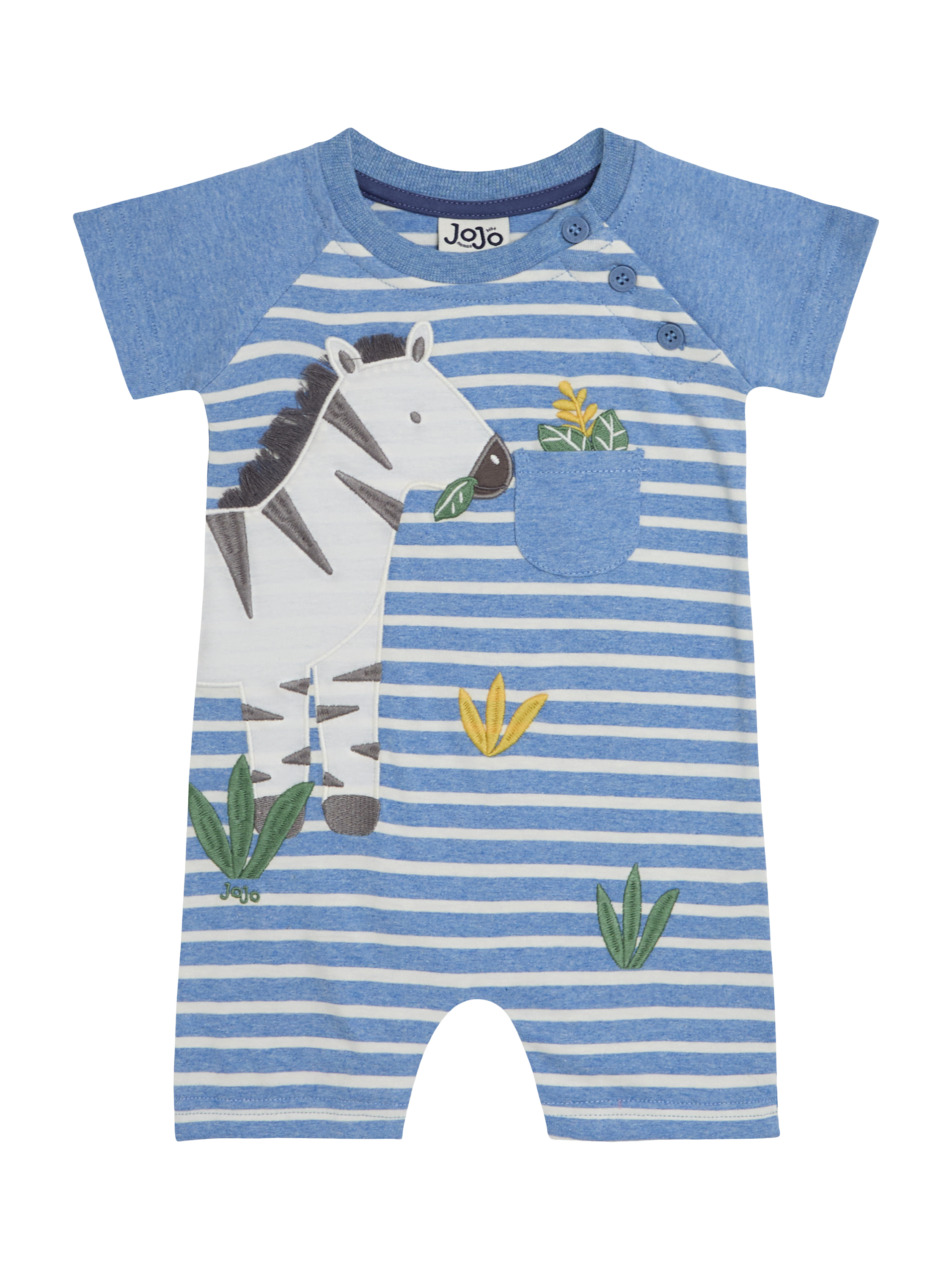 JoJo Maman Bébé Baby Zebra Appliqué Romper, Blue