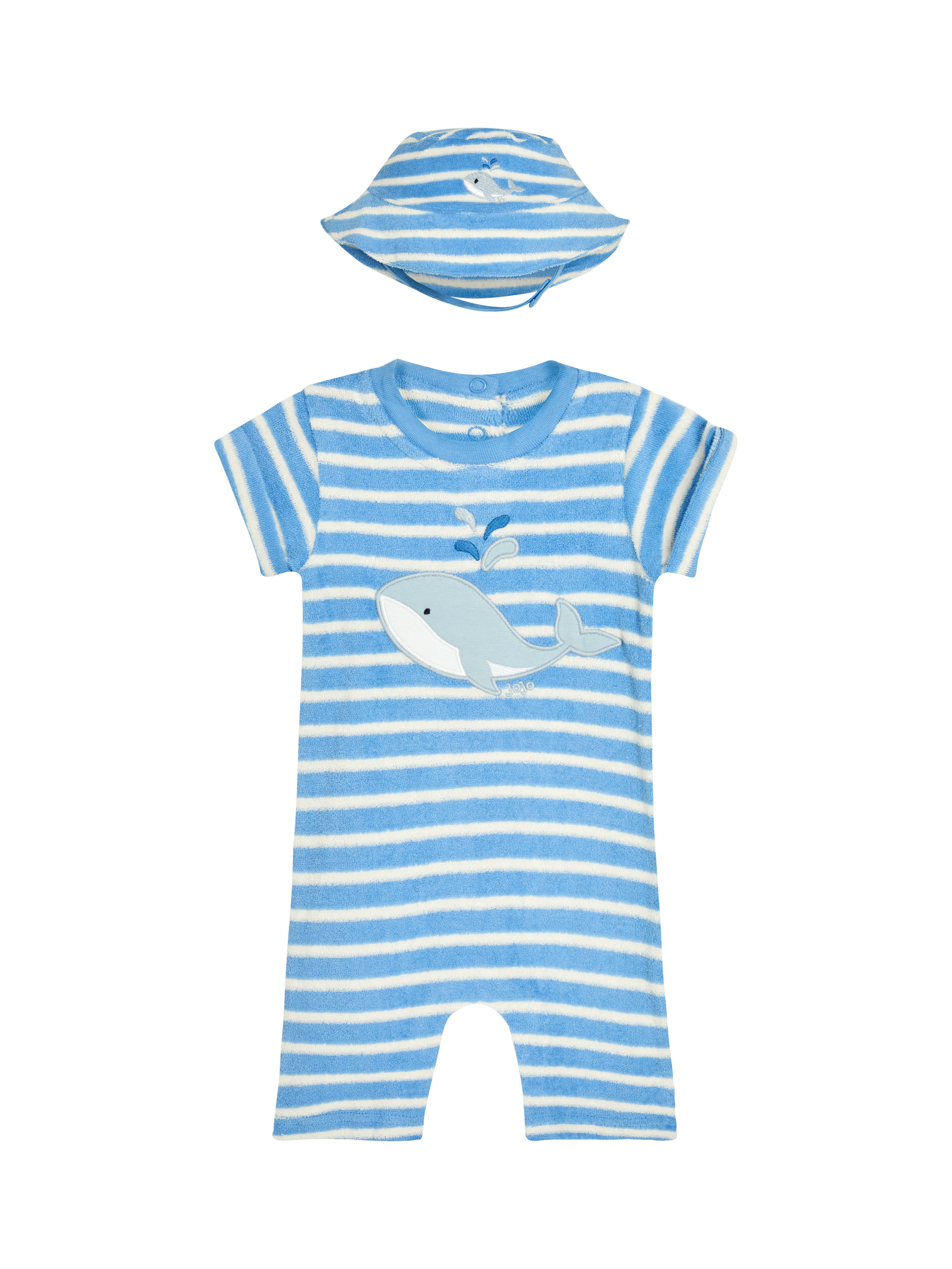 JoJo Maman Bébé Baby Whale Towelling Applique Romper and Hat Set, Blue