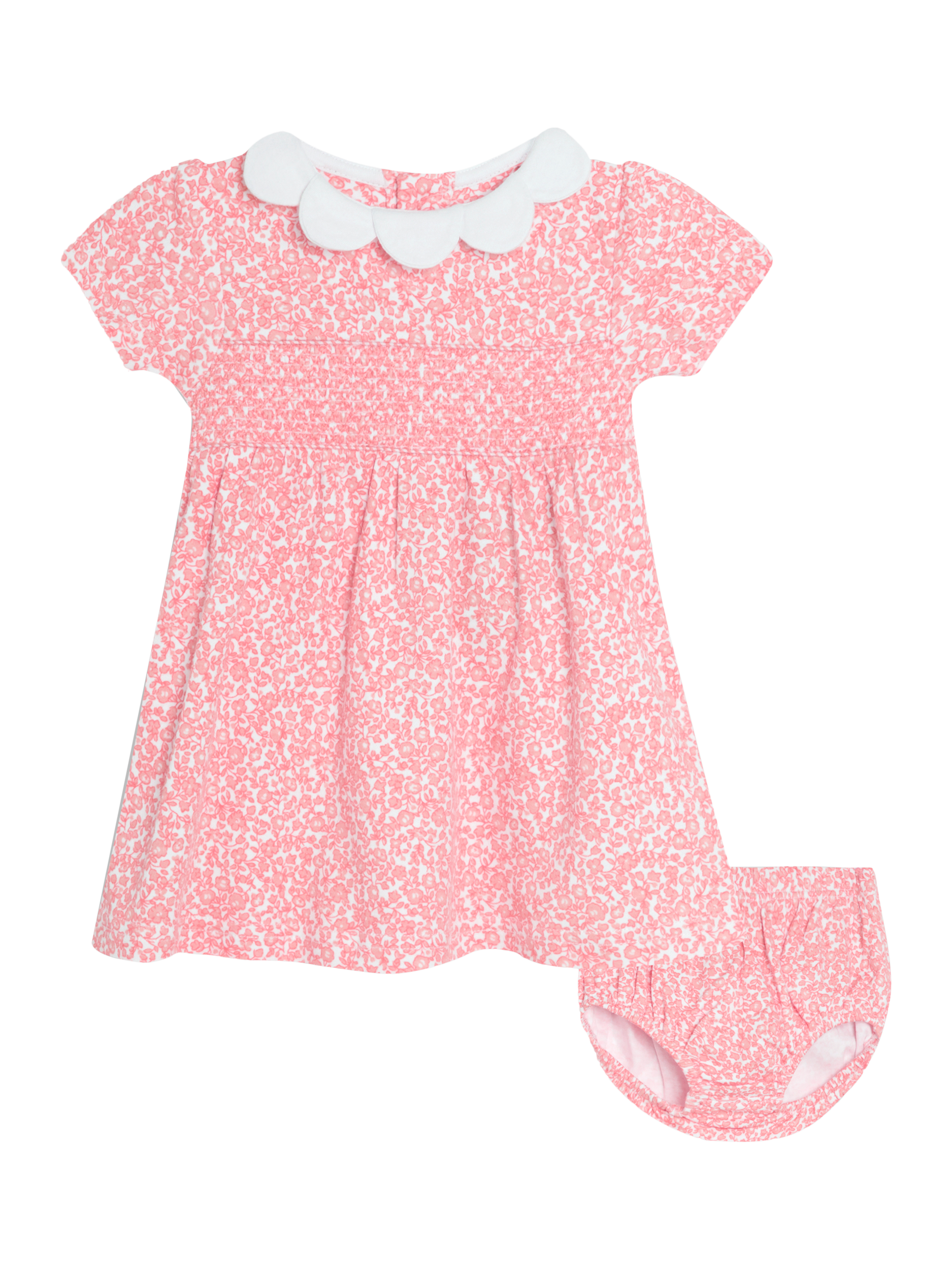 Product image 1 of 5, which shows JoJo Maman Bébé Baby Ditsy Floral Smocked Dress and Bloomers, Pink, 0-3 months