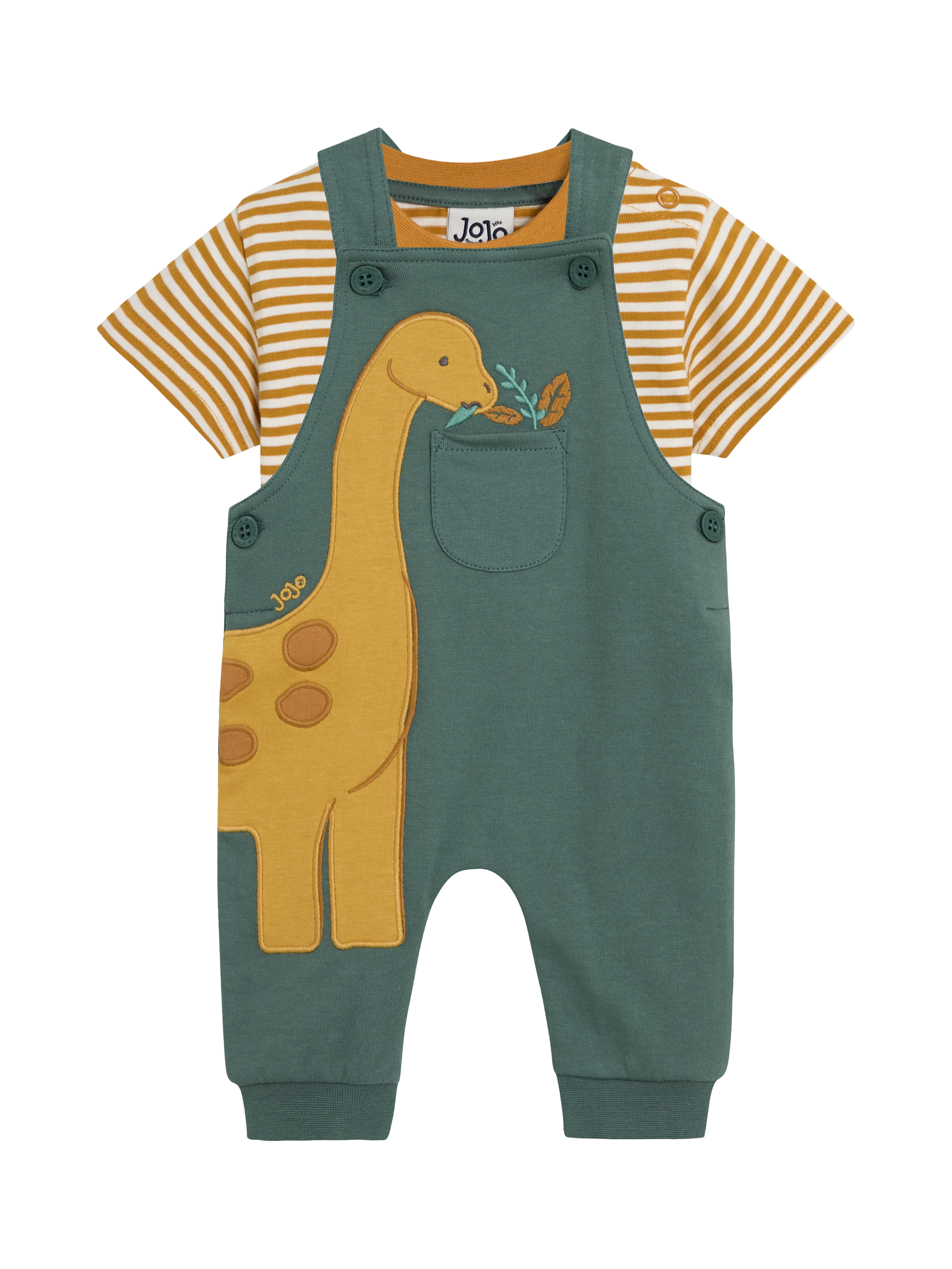 JoJo Maman Bébé Baby 2-Piece Diplodocus Appliqué Dungarees & T-Shirt Set, Khaki