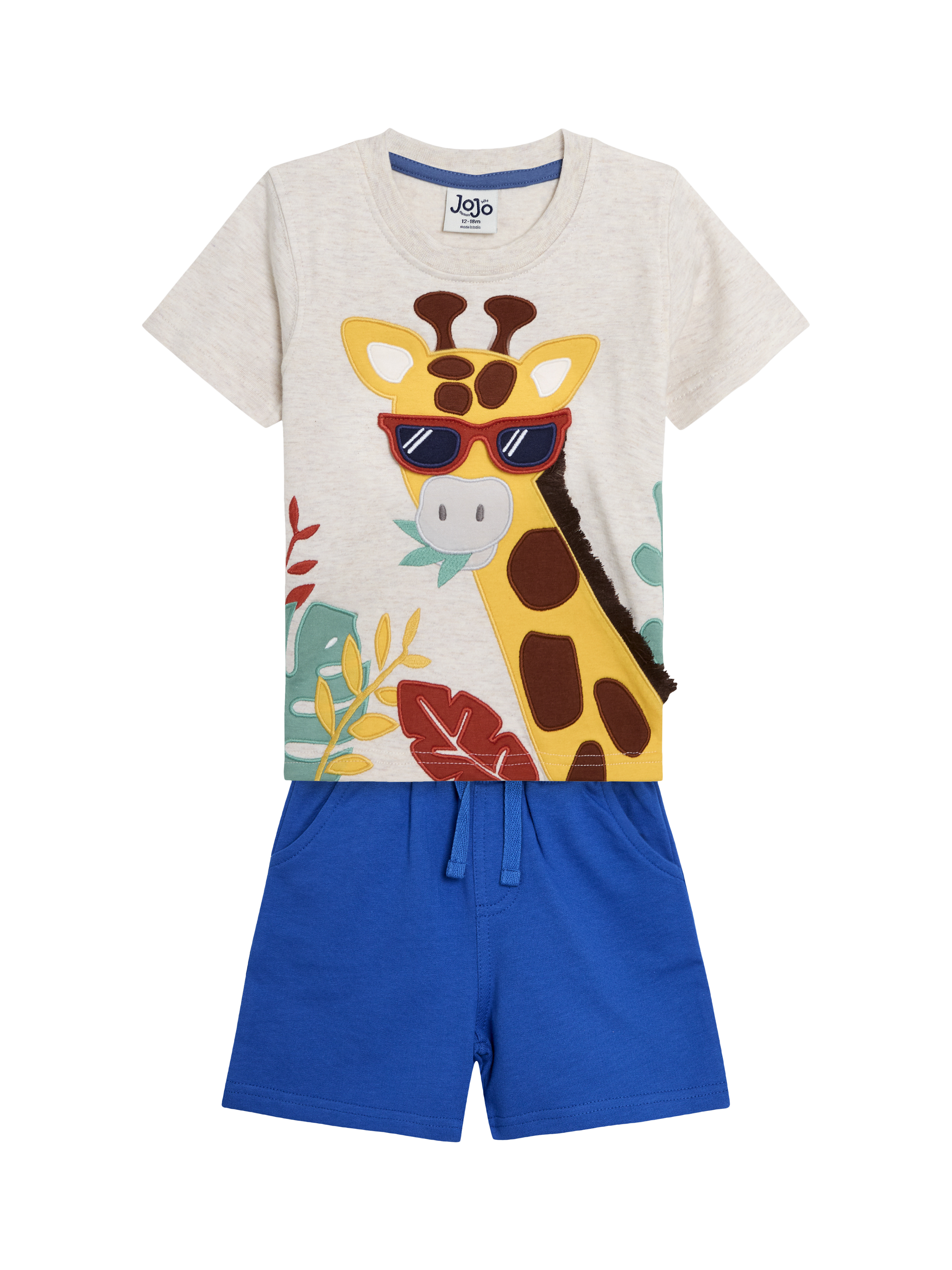 Product image 1 of 4, which shows JoJo Maman Bébé Baby Cotton Giraffe Appliqué T-Shirt & Shorts Set, Natural, Natural, 0-3 months